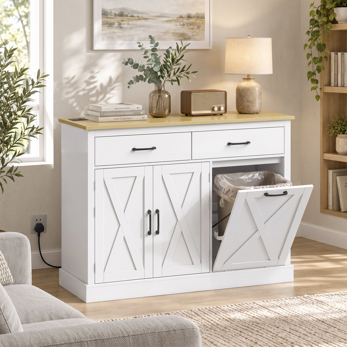 HOMCOM Tilt Out Trash Cabinet with Charging Station, Kitchen Island with Storage, 57 Liter Hidden Rubbish Bin Storage, White