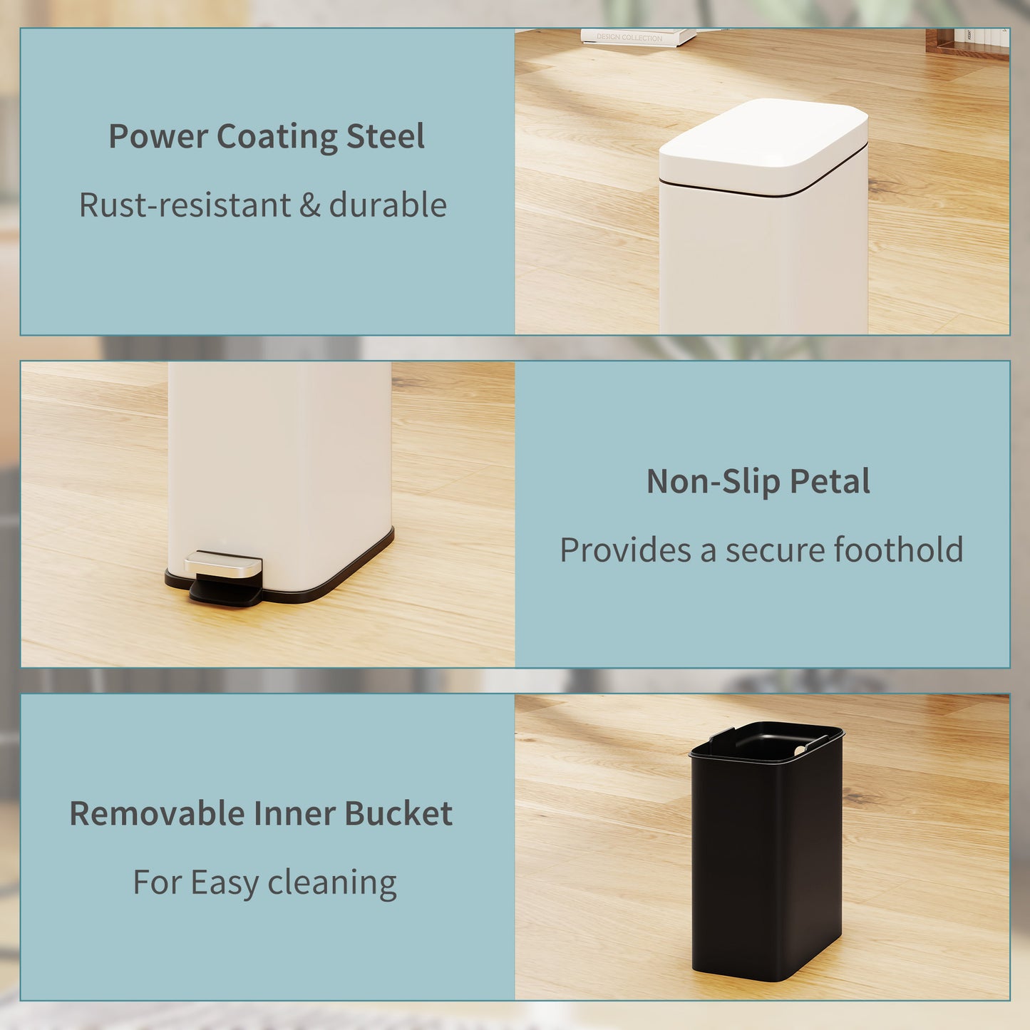 HOMCOM 5L Rectangular Compact Bin Steel Body Removable Bucket Quiet-Close Lid w/ Pedal Lid Rubbish Trash Can Home Office Bedroom Bathroom Living Room Garbage Tidy Clean White