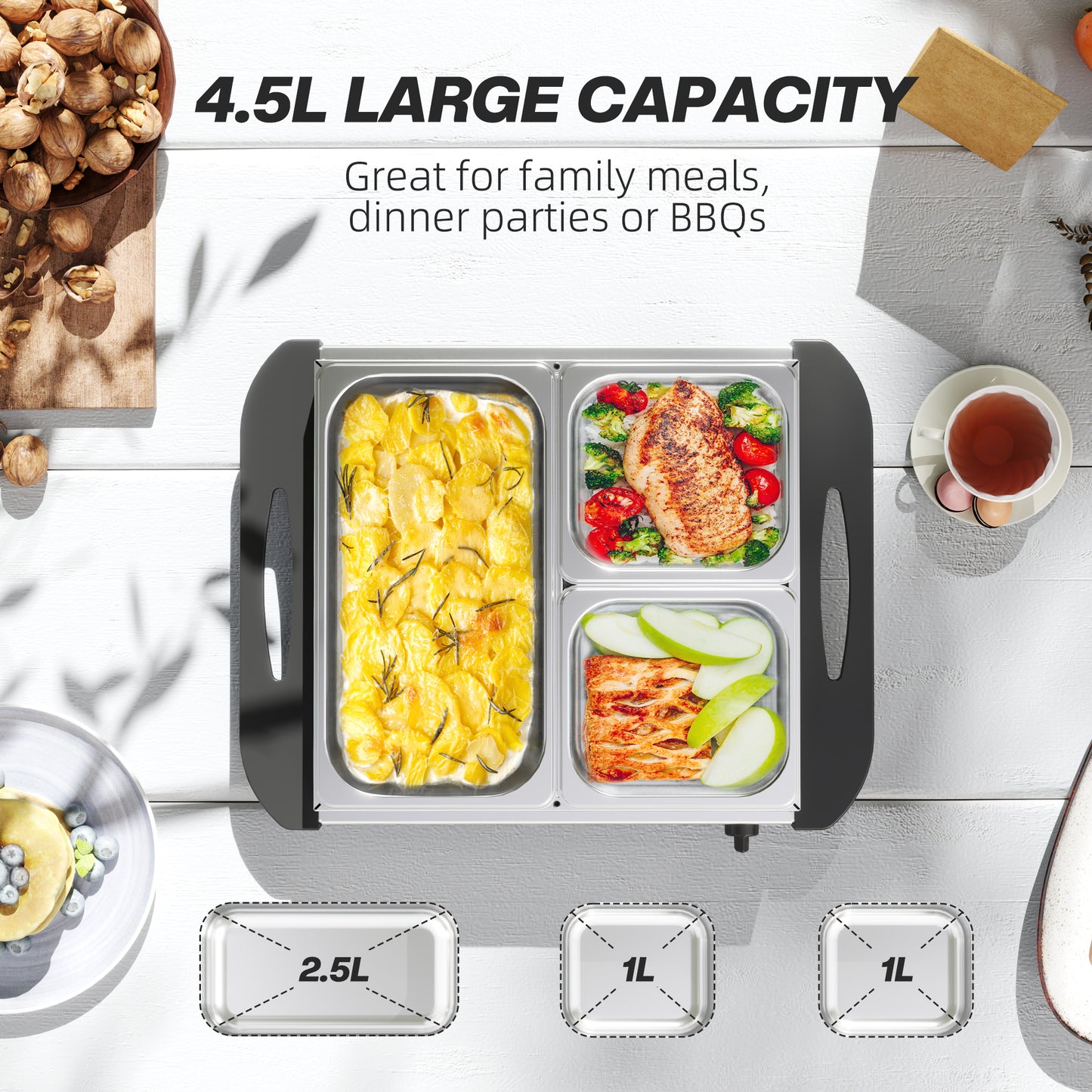 HOMCOM 4.5L Stainless Steel Electric Buffet Server, with 3x Trays and Lids, Set of 2