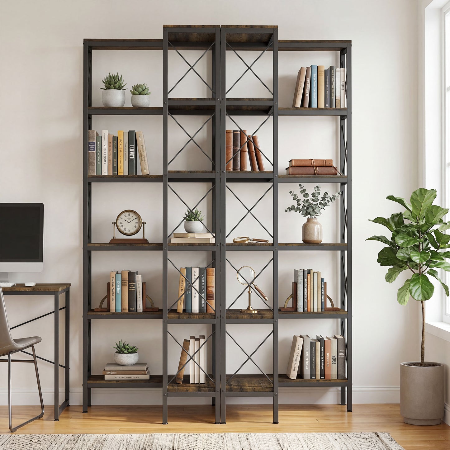 HOMCOM 5-Tier L-Shaped Bookshelf, Freestanding Corner Bookcase with Metal Frame, Rustic Brown