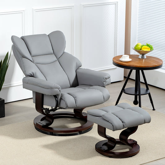 HOMCOM 360° Swivel Recliner Chair with Footstool, PU Leather Manual Recliner Armchair with Footstool, Solid Wood Base, Upholstered Reclining Chair for Living Room, Bedroom, Office, Light Grey