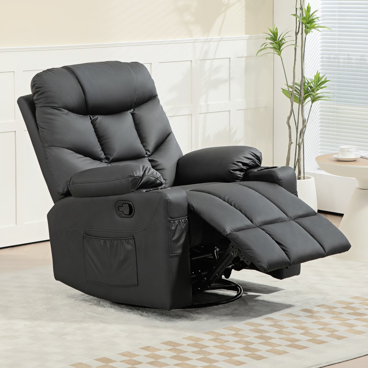 HOMCOM Manual Reclining Chair, Recliner Armchair with Swivel, Faux Leather, Footrest, Cup Holders, 86x93x102cm, Black