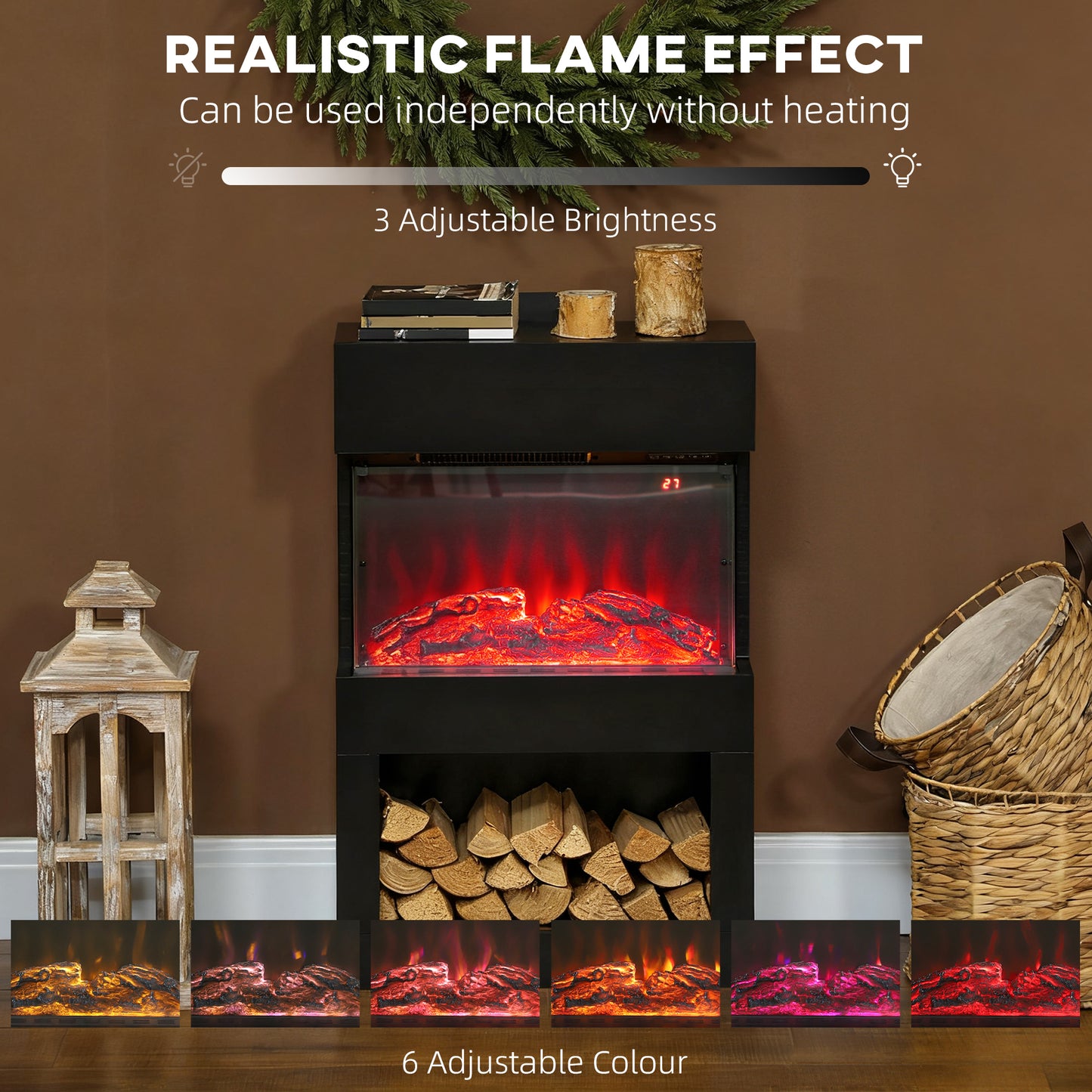 HOMCOM Electric Fireplace with 3D Flame Effect, 6 Colours & 3 Brightness Levels, 1000W/2000W Black Electric Fire and Mantel Reach up to 30㎡ Space with Remote & Timer, 3 Sided View for Living Room