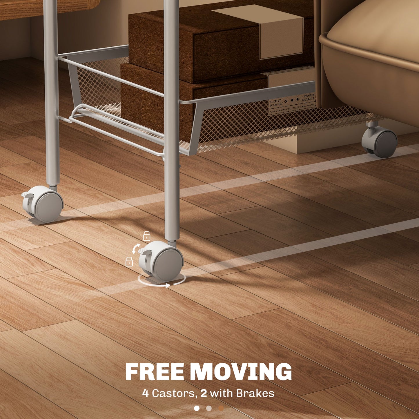 HOMCOM Five-Steel Mesh Basket Storage Trolley, with Wheels - White