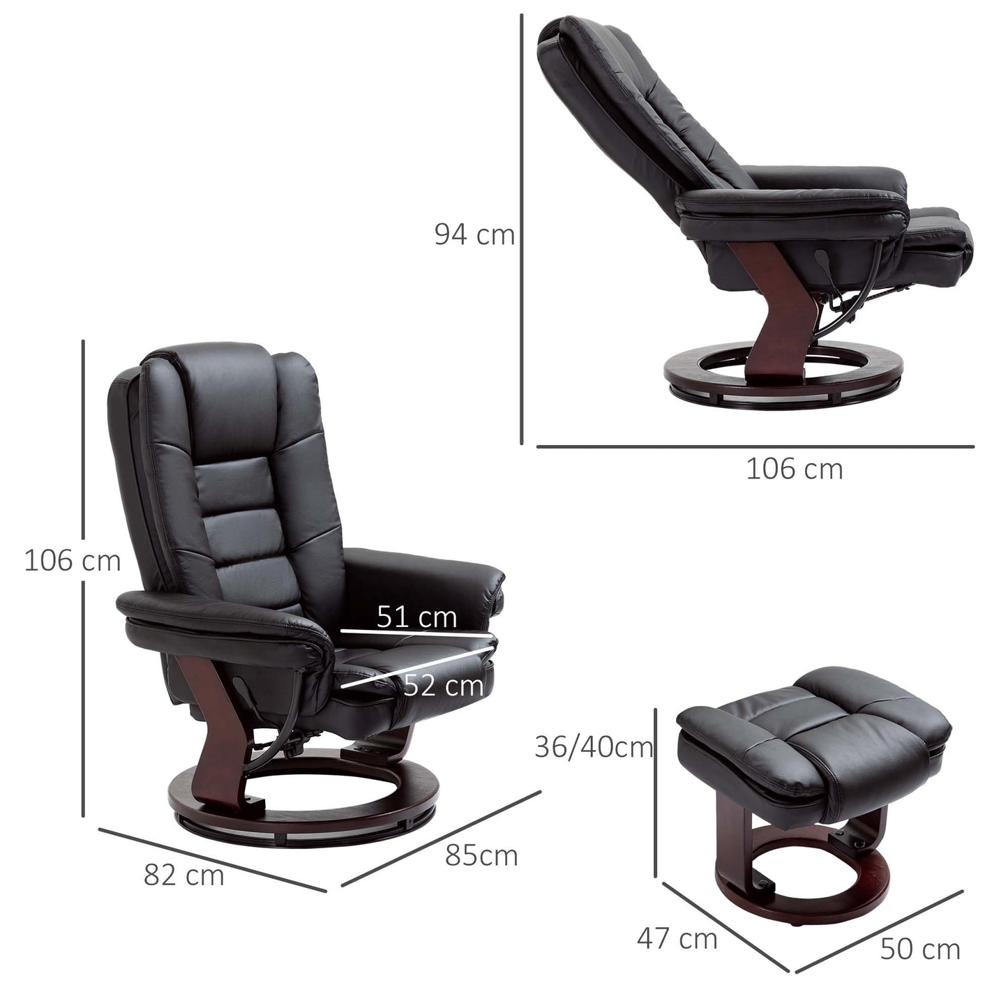 HOMCOM Recliner Chair With footstool, Recliner Armchair up to 130kg Weight Capacity, 135° Reclining Swivel Sofa Chair, PU Leather Ergonomic Couch Bed with Swivel Wood Base for Living Room, Black