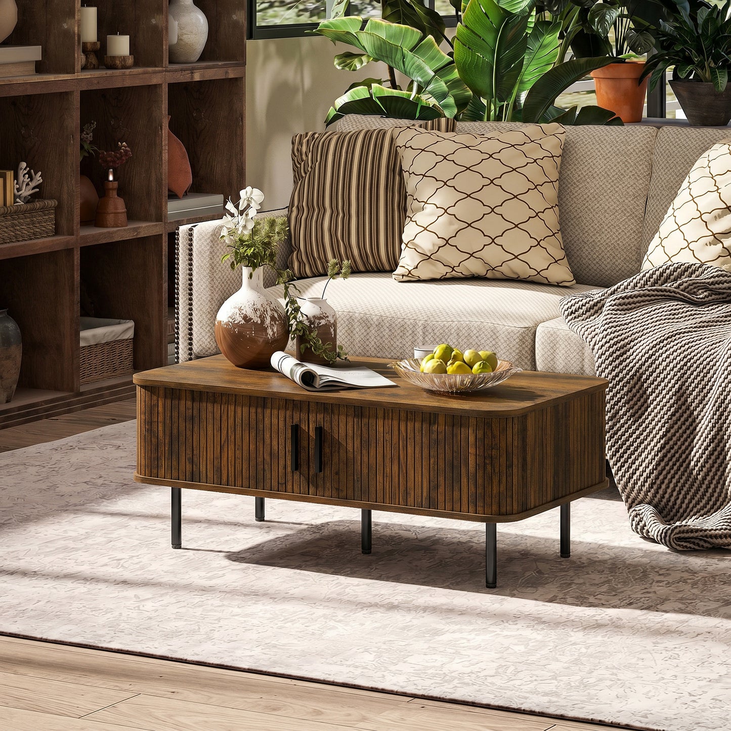 HOMCOM Coffee Table with Storage, Living Room Table with Slatted Tambour Sliding Doors and Foot Pads, Rectangular Coffee Table with Elevated Base for Living Room, Rustic Brown