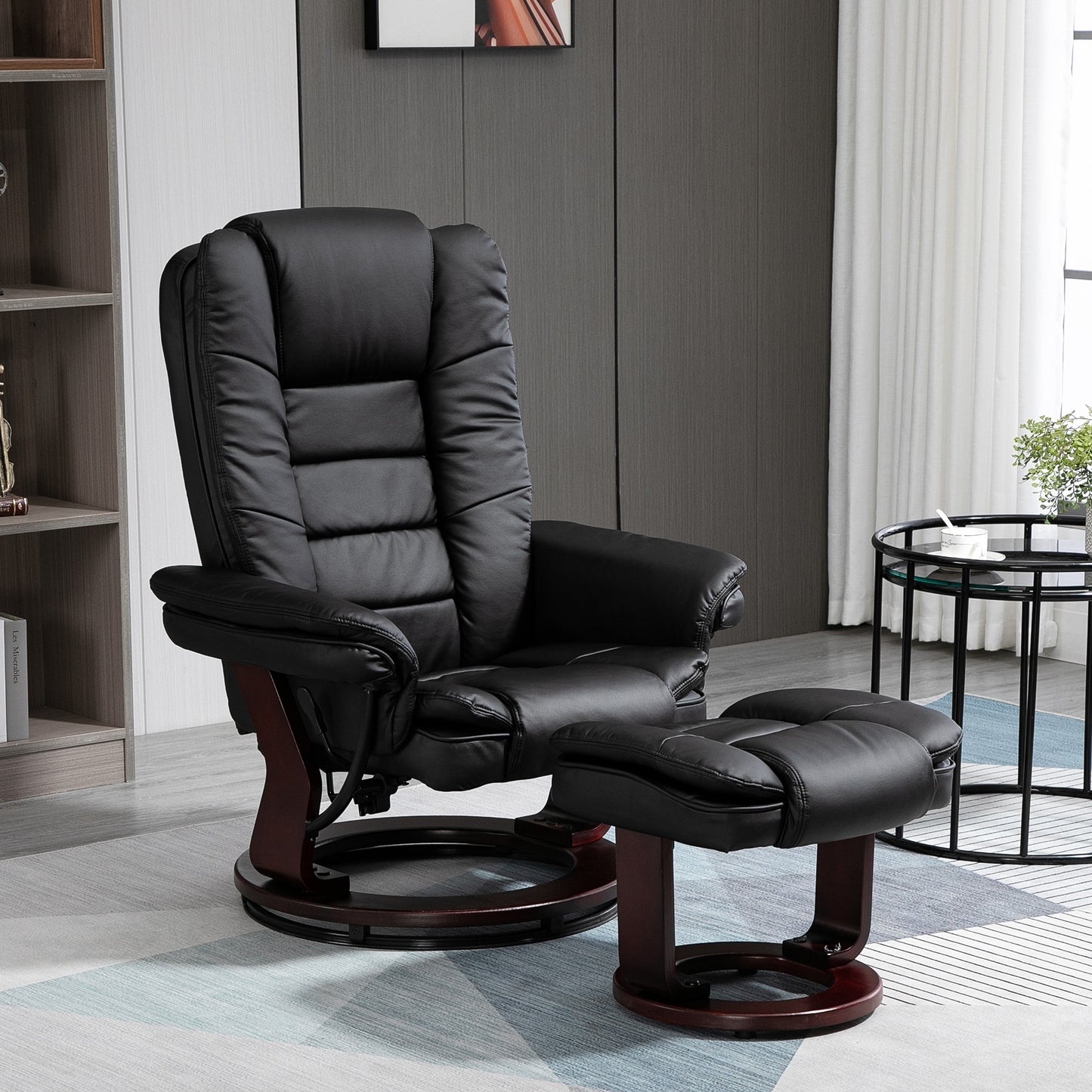 HOMCOM Recliner Chair With footstool, Recliner Armchair up to 130kg Weight Capacity, 135° Reclining Swivel Sofa Chair, PU Leather Ergonomic Couch Bed with Swivel Wood Base for Living Room, Black