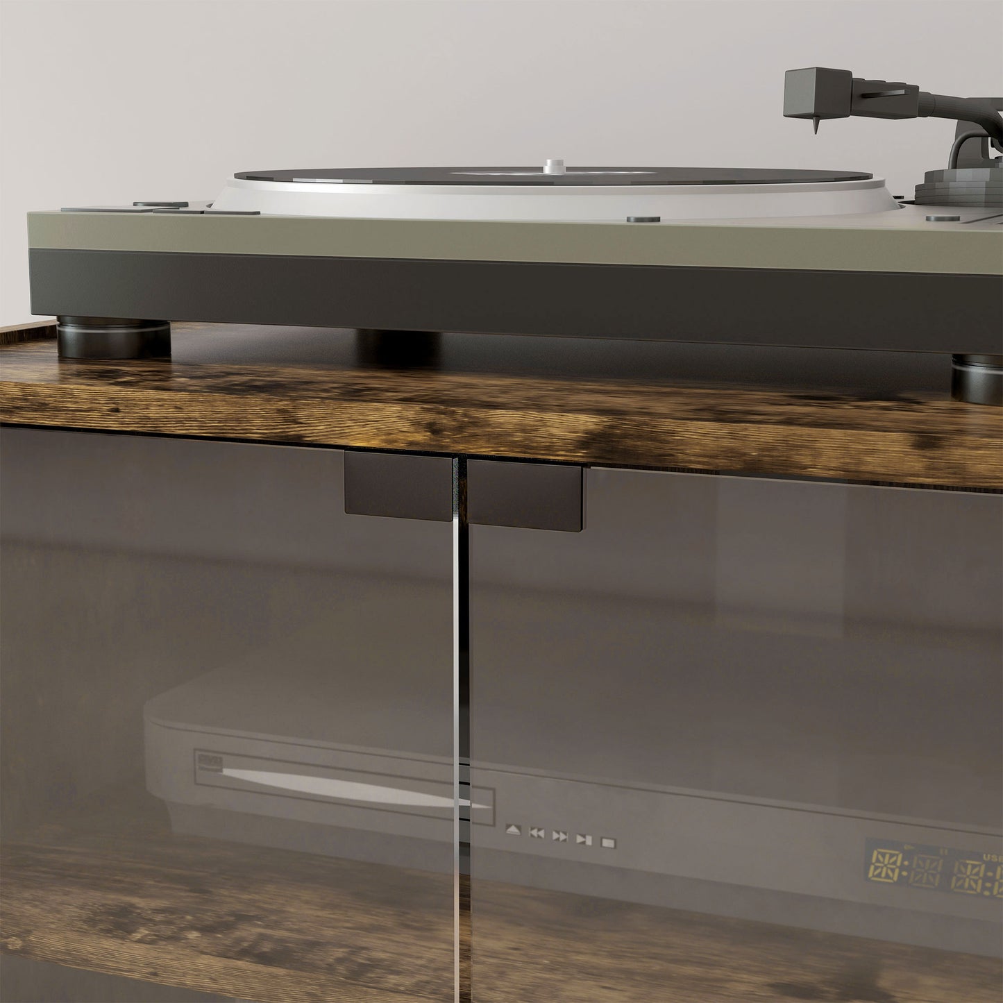 HOMCOM 4-Tier Hi-Fi Stand, Record Player Stand with Adjustable Shelves and Push-to-Open Glass Doors, Rustic Brown