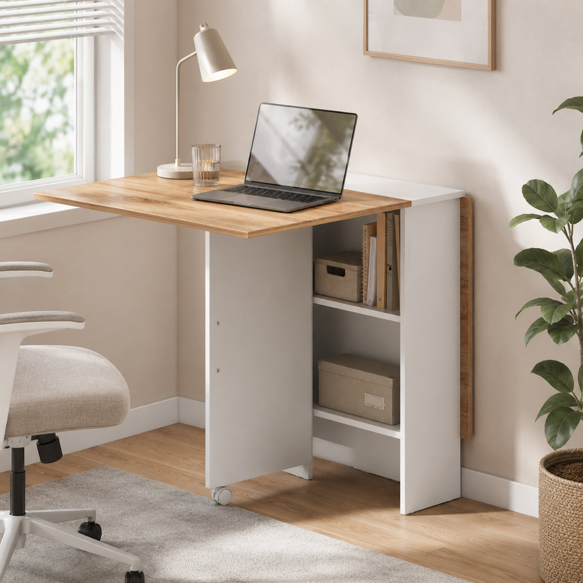 HOMCOM Folding Dining Table, Drop Leaf Table with 2-Tier Shelves, Rolling Casters, White and Natural