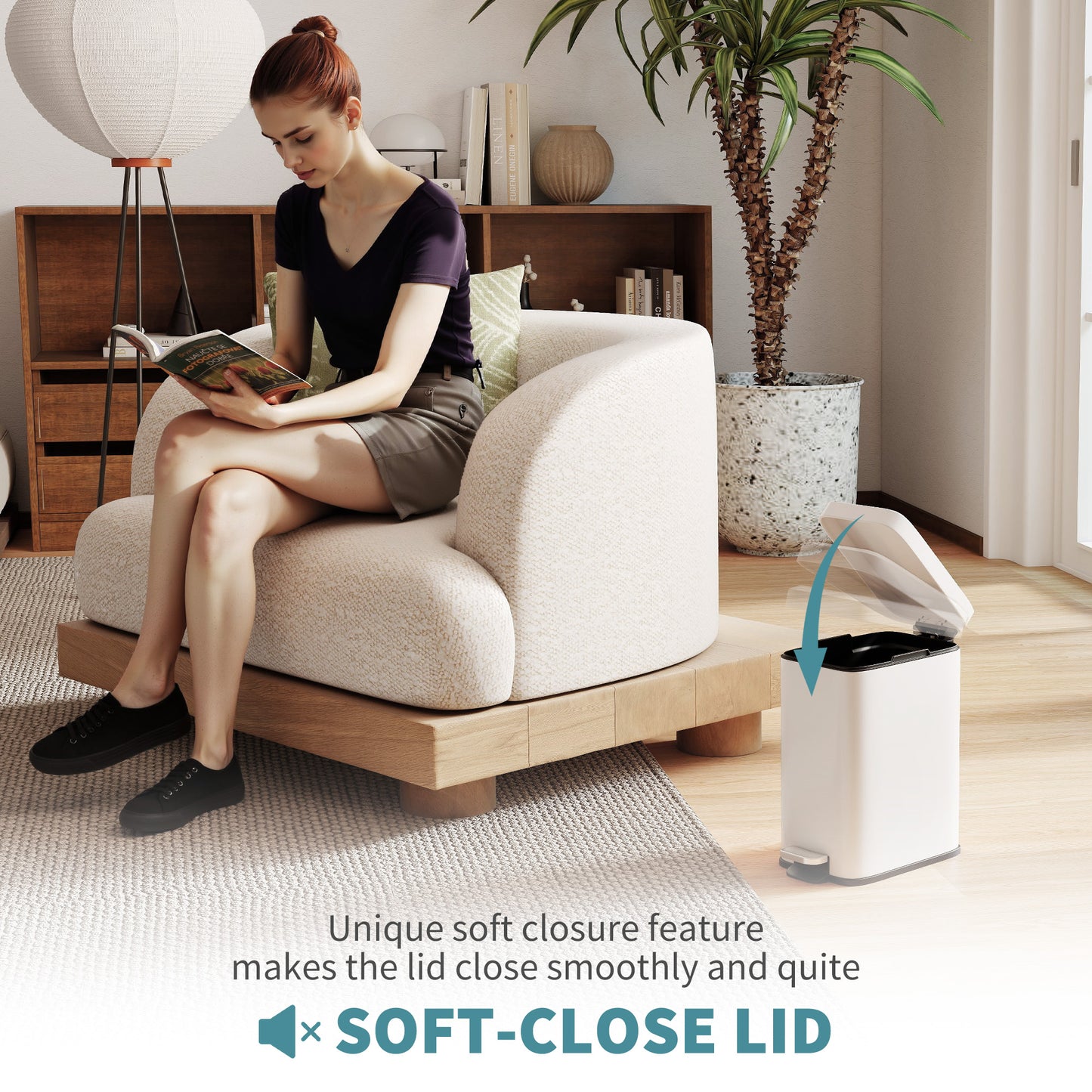 HOMCOM 5L Rectangular Compact Bin Steel Body Removable Bucket Quiet-Close Lid w/ Pedal Lid Rubbish Trash Can Home Office Bedroom Bathroom Living Room Garbage Tidy Clean White