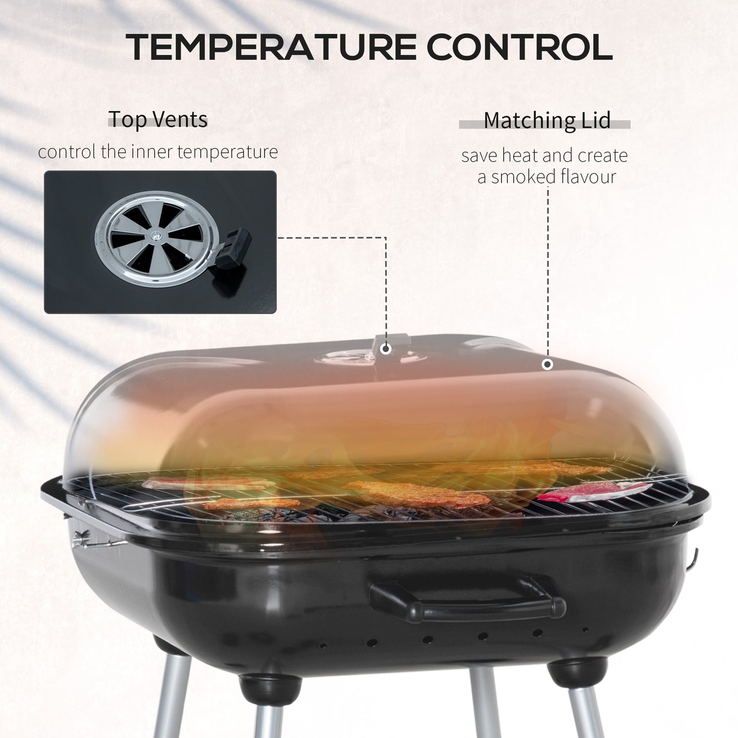 Outsunny Portable BBQ Charcoal Grill with 2 Wheels and Cooking Utensils, Smoker Grill with Lid for Outdoor Barbecues, Camping, Picnic, Courtyard