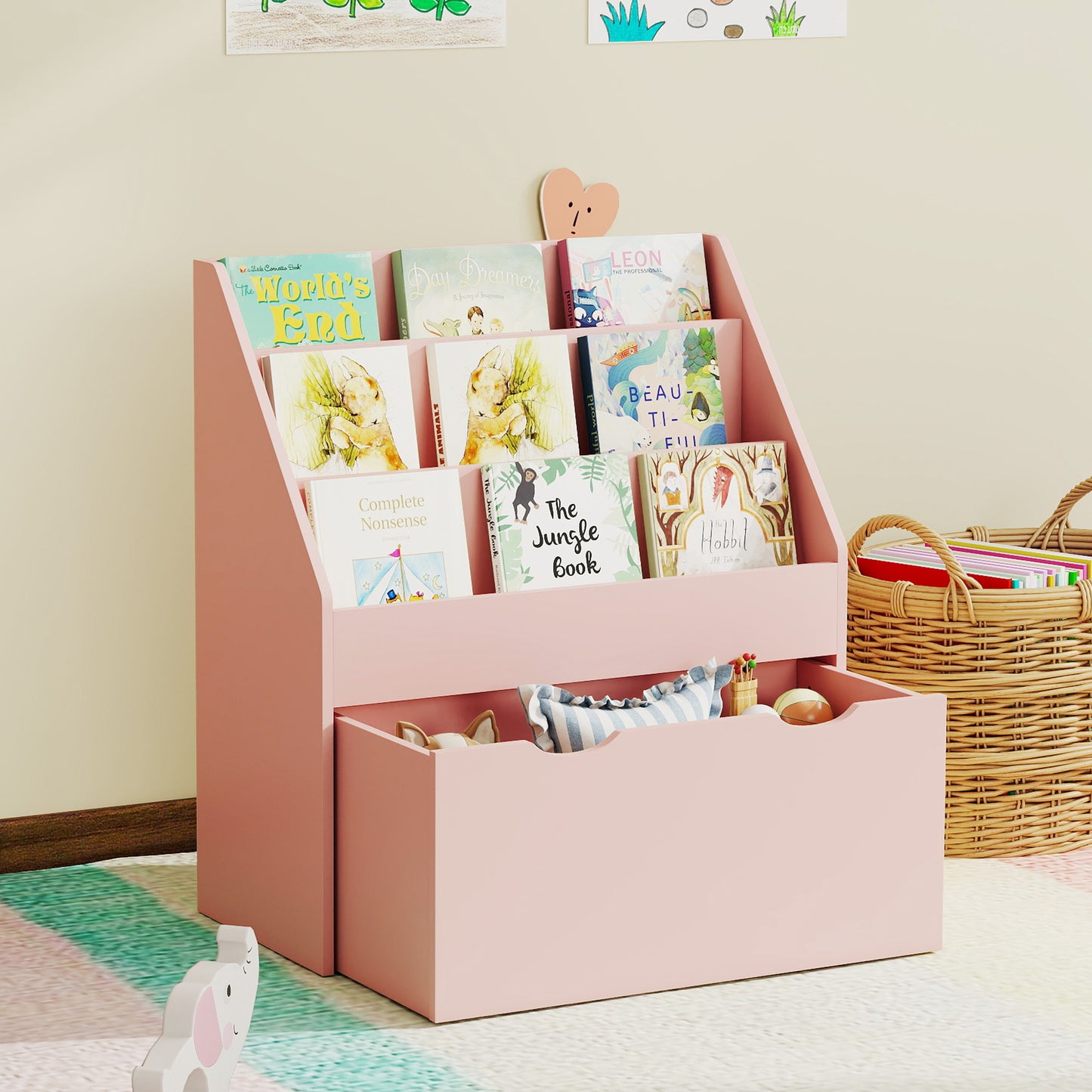 AIYAPLAY Bookcase for Kids with Shelves, Drawer, Bookcase for Bedroom, Playroom, Pink
