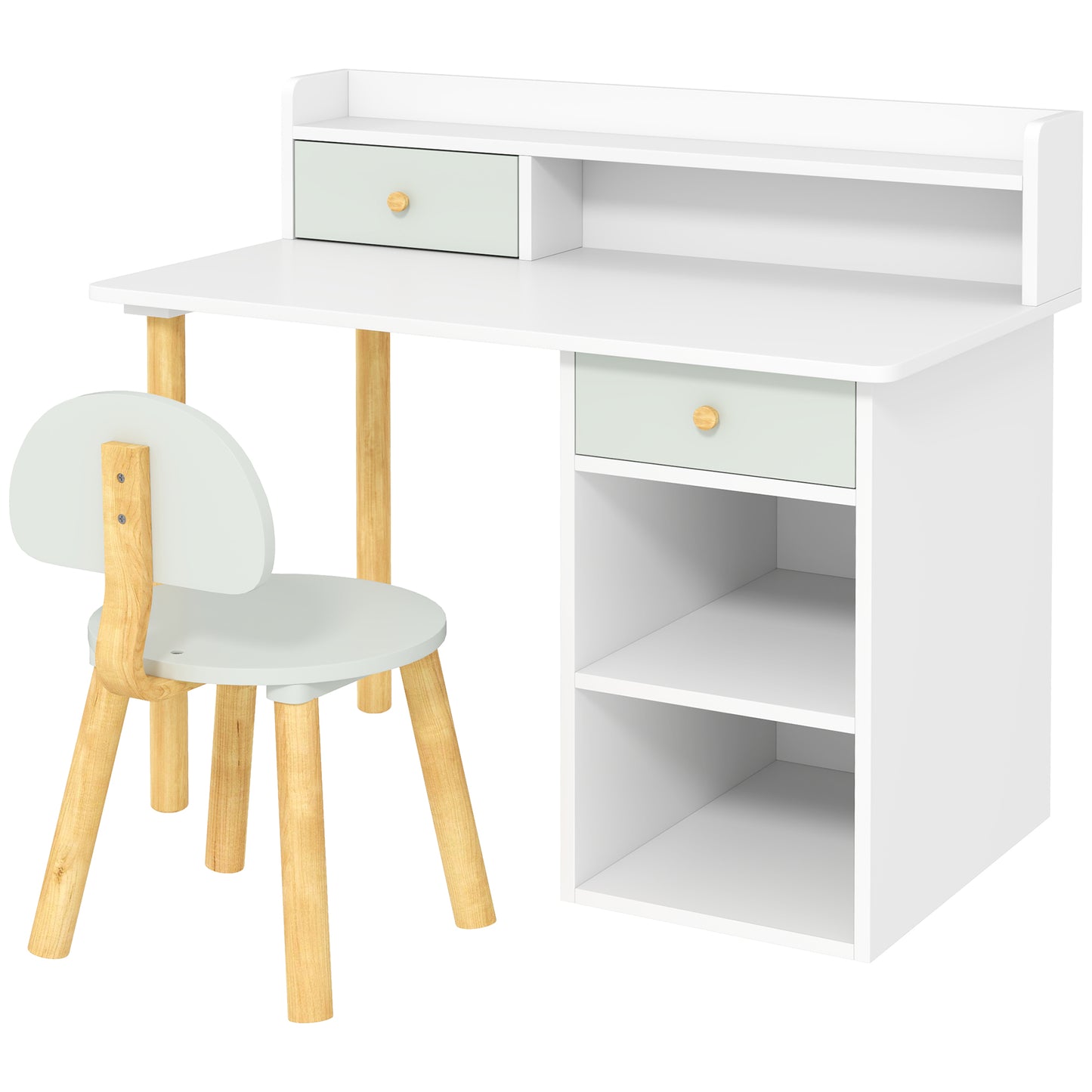AIYAPLAY Two-Piece Children Study Table with Hutch, Kids Desk and Chair Set with Storage, Drawer, Shelves, Green