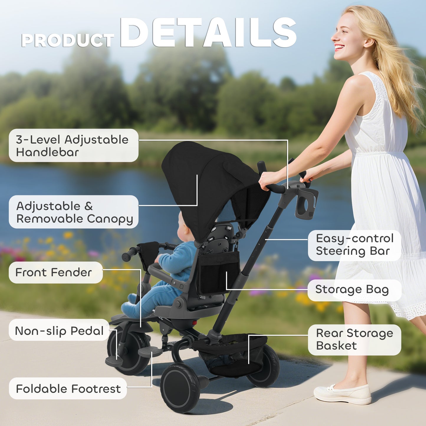 AIYAPLAY 6 in 1 Foldable Kids Trike with Adjustable Parent Handle & Canopy for Ages 1-5, Black