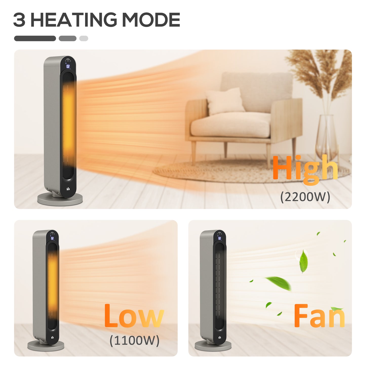 HOMCOM 2kW PTC Ceramic Tower Heater, 10-35°C Temperature Range
