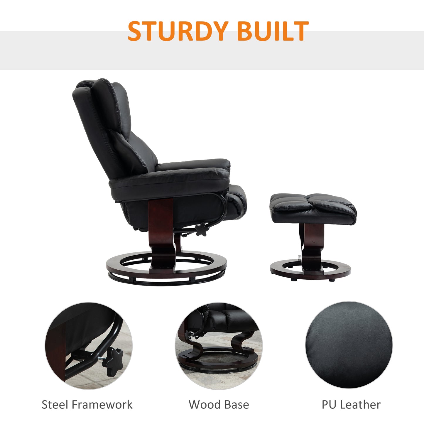 HOMCOM 360° Swivel Recliner Chair with Footstool, PU Leather Manual Recliner Armchair with Footstool, Solid Wood Base, Upholstered Reclining Chair for Living Room, Bedroom, Office, Black