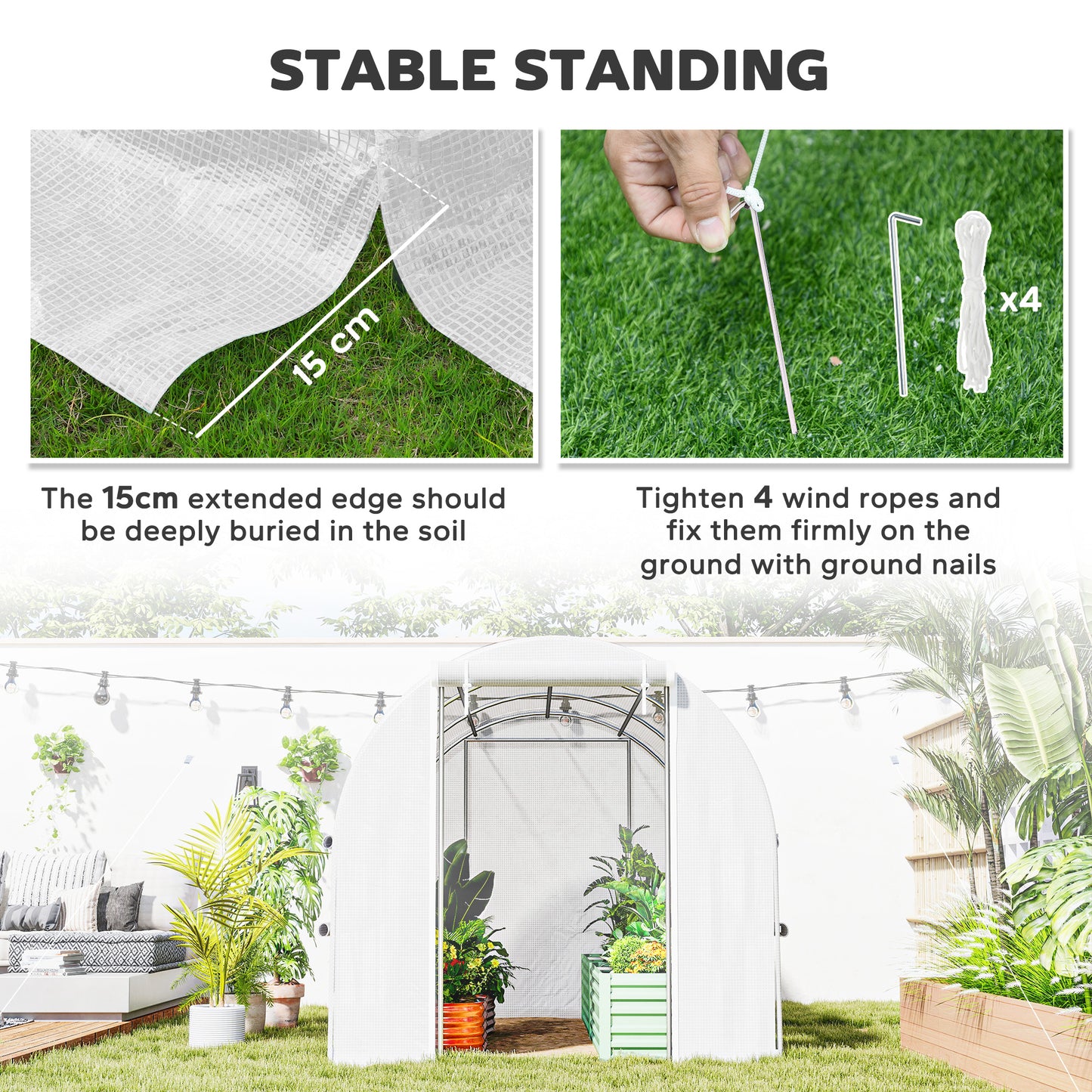 Outsunny Walk-in Polytunnel Greenhouse Green House with Roll-up Sidewalls, UV-resistant PE Cover, 3 x 2 x 2m, White
