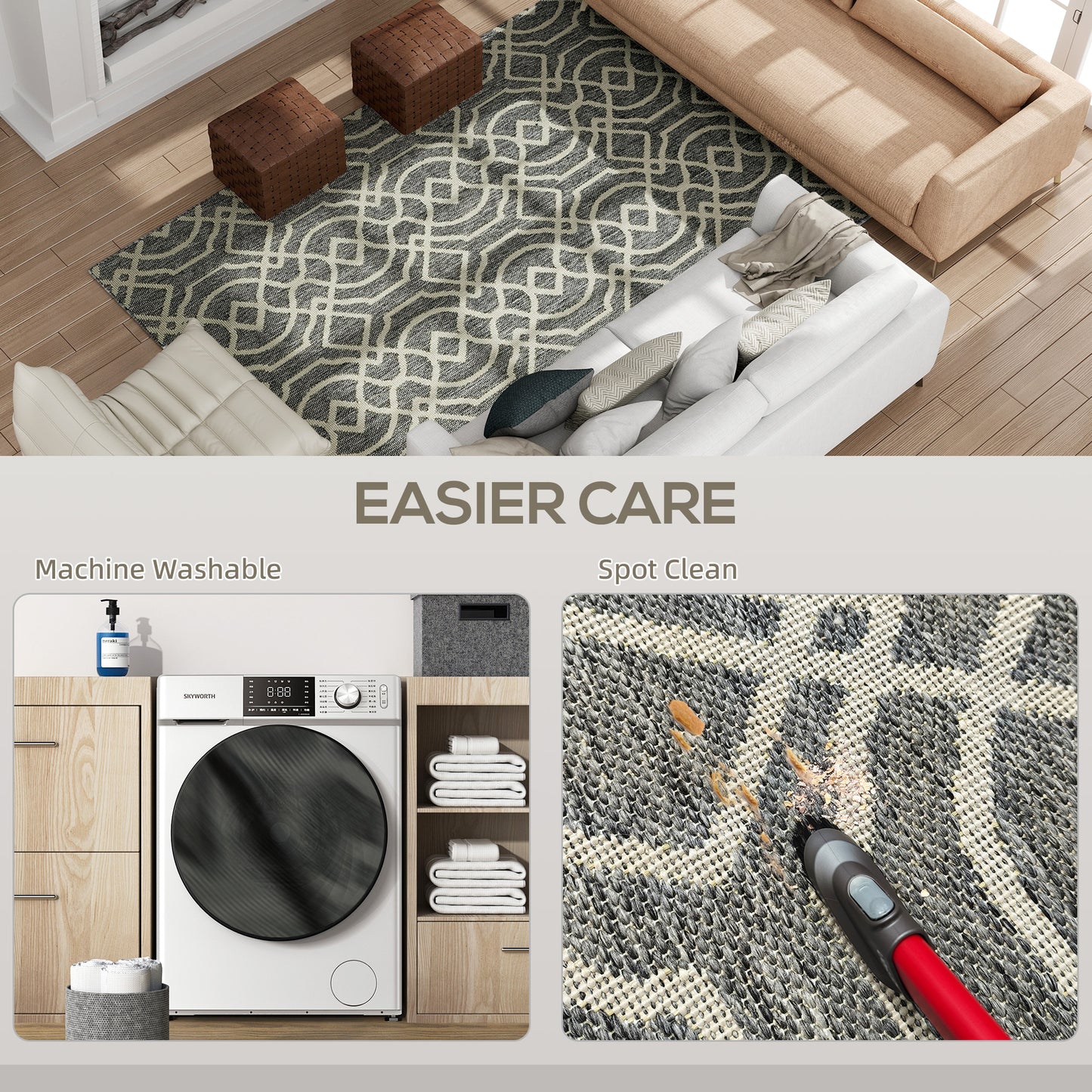 HOMCOM UV Resistant Indoor & Outdoor Area Rug, Easy-Cleaning Machine Washable Rug with Geometric Pattern for Patio, Garden, Kitchen, Bathroom or Living Room, 230 x 160 cm, Grey