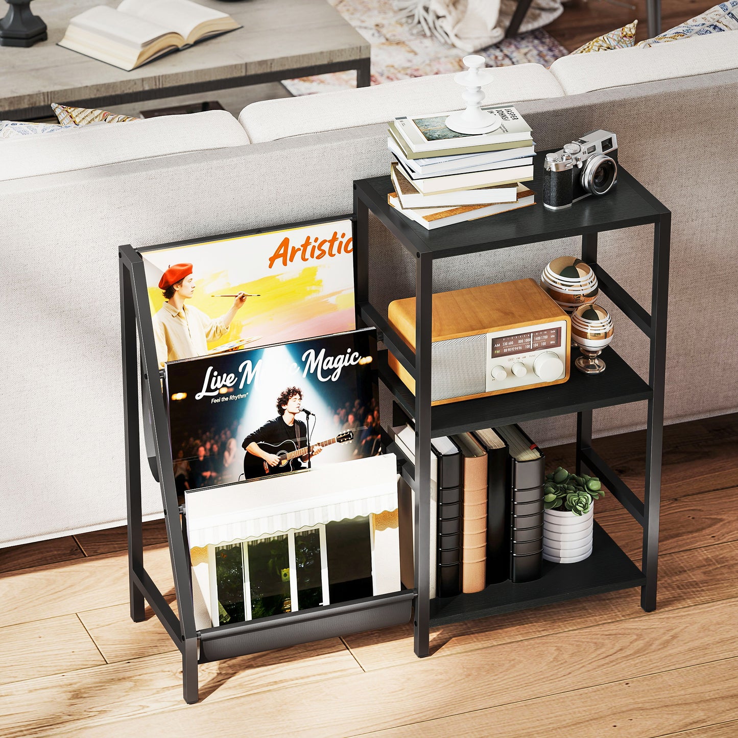 HOMCOM 3-Tier Record Player Stand, End Table for Living Room, Bedroom - Black Wood Effect