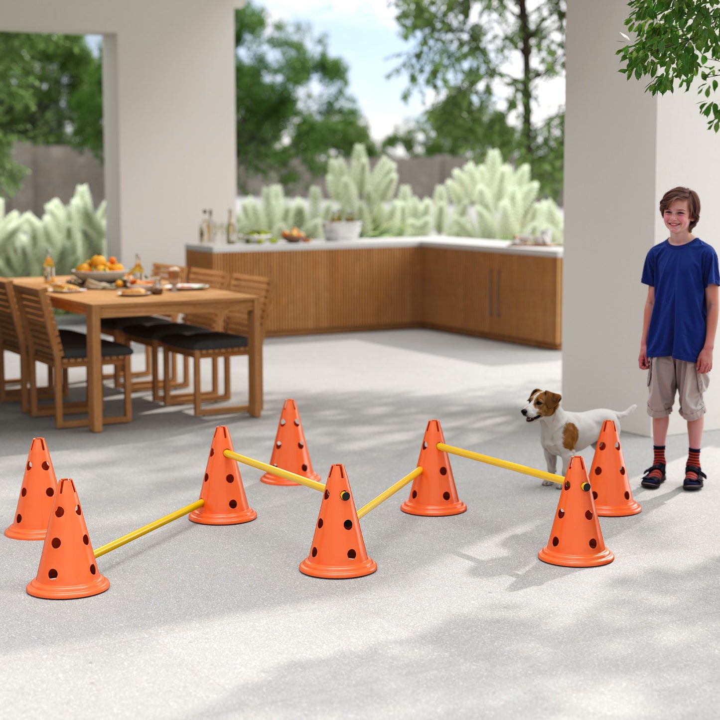PawHut Dog Agility Equipment Set of Eight Cones, Eight Poles w/ Carry Bag, Four-Piece Adjustable Height Jumping Obstacles