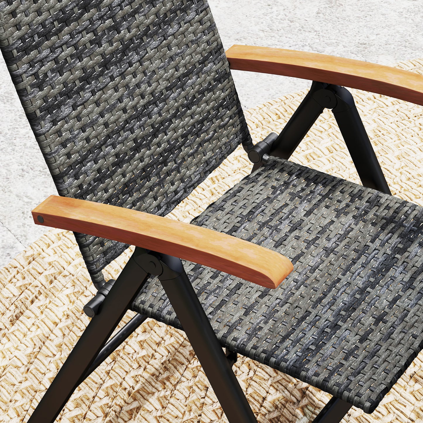 Outsunny Folding Rattan Garden Dining Chair with 5-level Reclining High Back, Wood Armrests for Outdoor, Patio - Mixed-grey