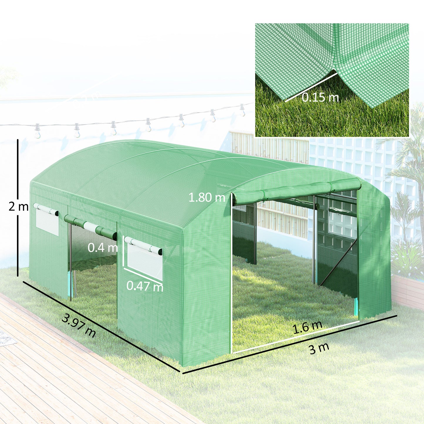 Outsunny 13 x 9.8ft Walk-In Polytunnel Greenhouse - Green