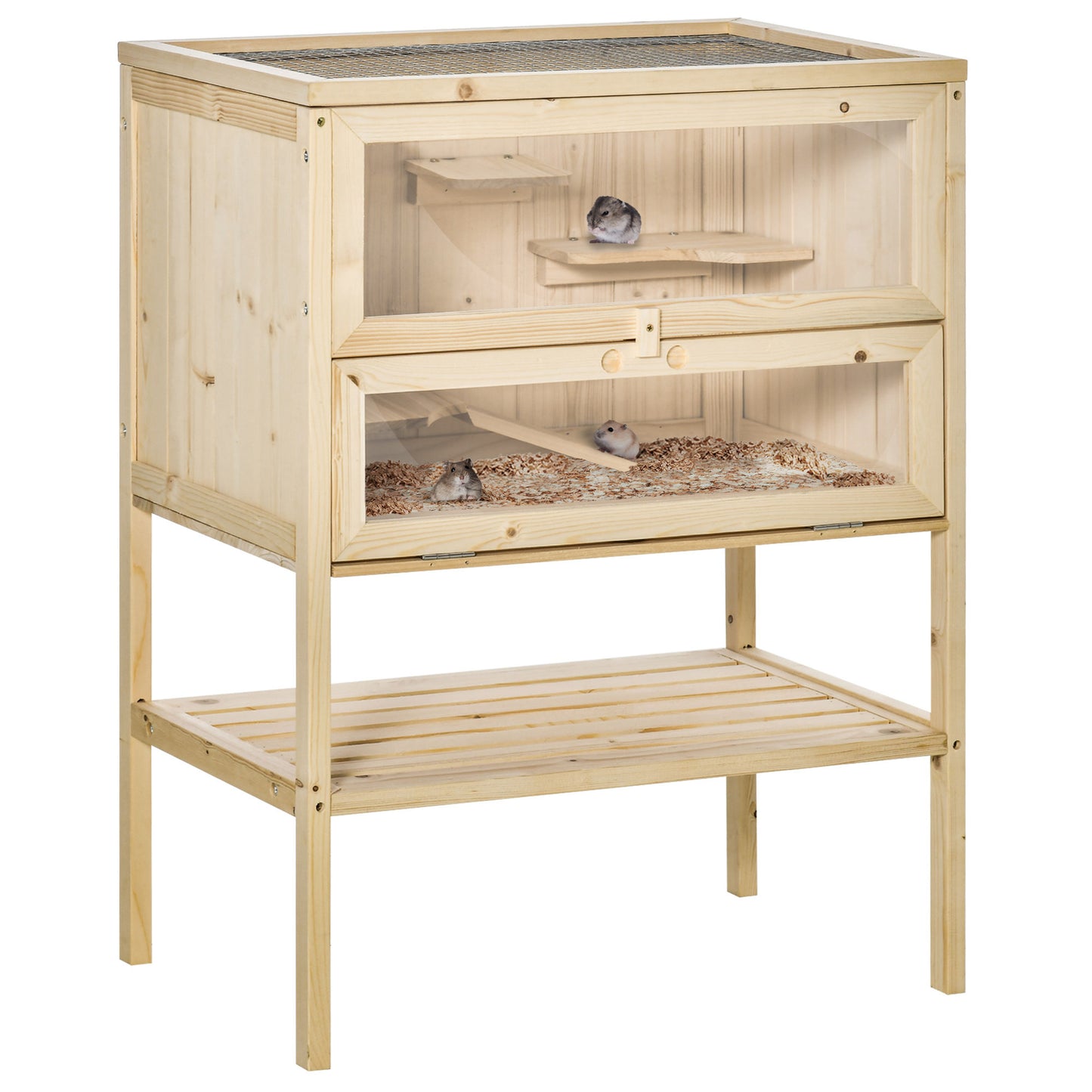 PawHut Wooden Hamster Cage with Storage Shelf, Small Animal Exercise Play House Gerbil Cage with Openable Top, Ramp for Gerbils, Drawf Hamsters, 60 x 40 x 80 cm - Natural