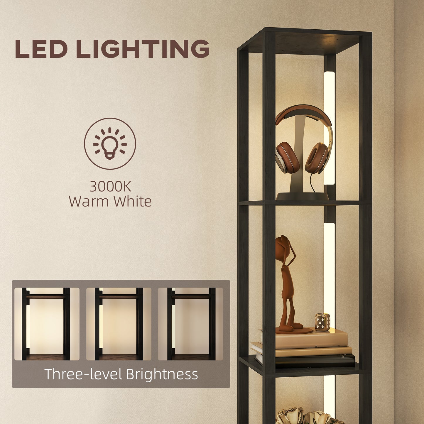 HOMCOM Floor Lamp with Shelves, LED Column Modern Standing Lamp with Fabric Drawer, Adjustable Brightness, Foot Switch for Living Room, Bedroom, Office, Black