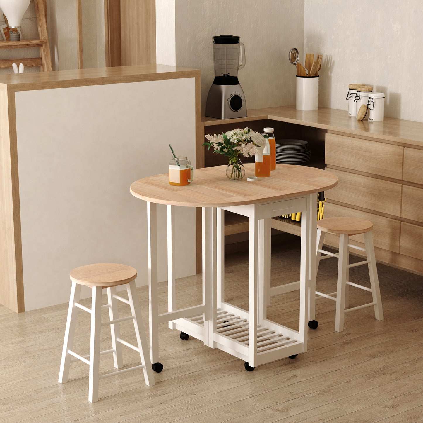HOMCOM 3 Pieces Dining Room Set, Mobile Foldable Dining Table and 2 Stools with Storage Shelf, 2 Drawers and 6 Wheels, Drop Leaf Bar Table and Stools for Home Kitchen Pub, White