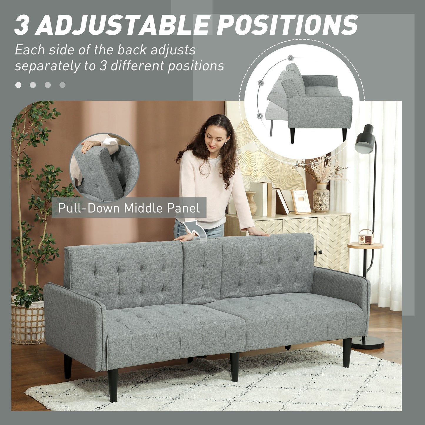 HOMCOM Three-Seater Sofa Bed, with Cupholders - Light Grey