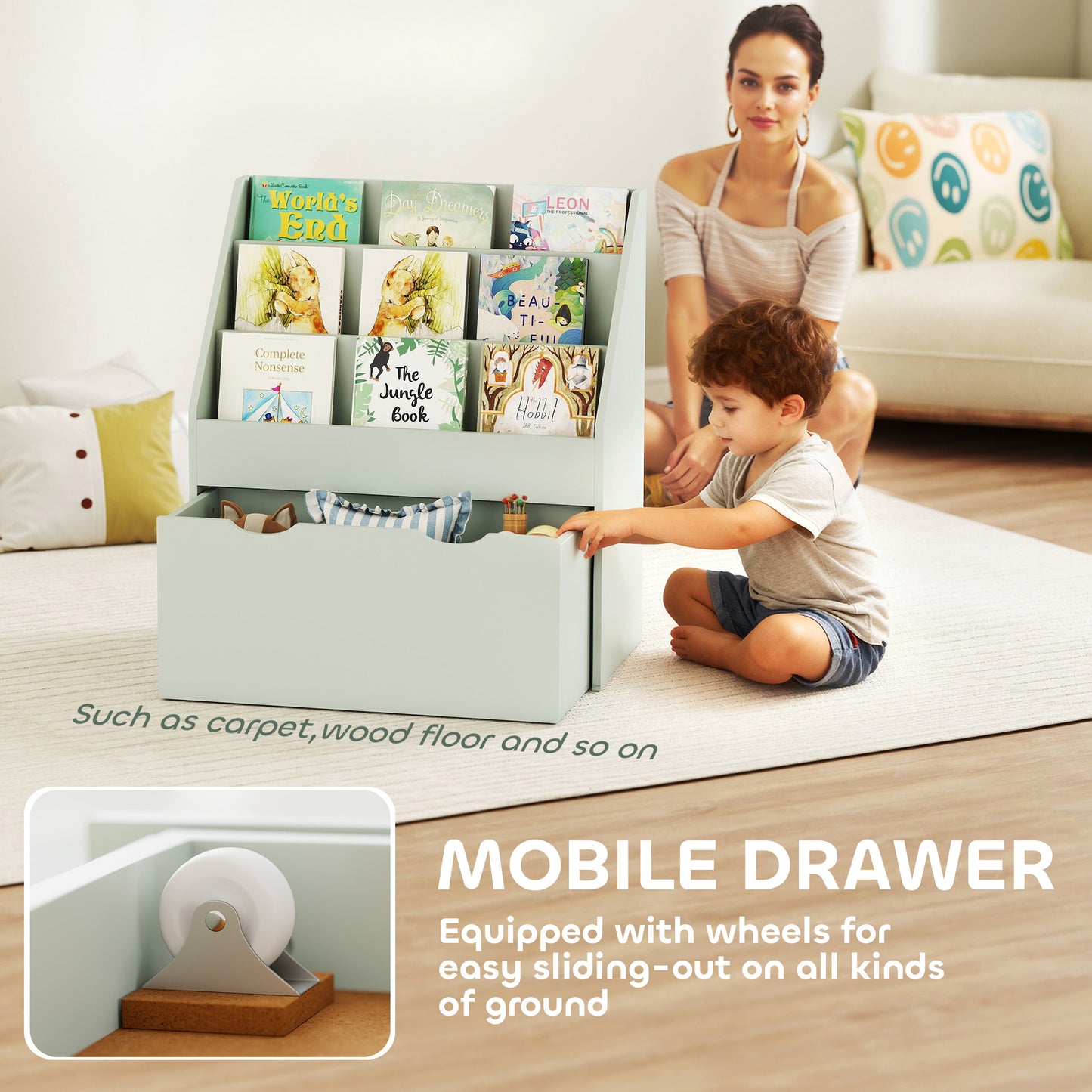 AIYAPLAY Bookcase for Kids with Shelves, Drawer, Bookcase for Bedroom, Playroom, Green