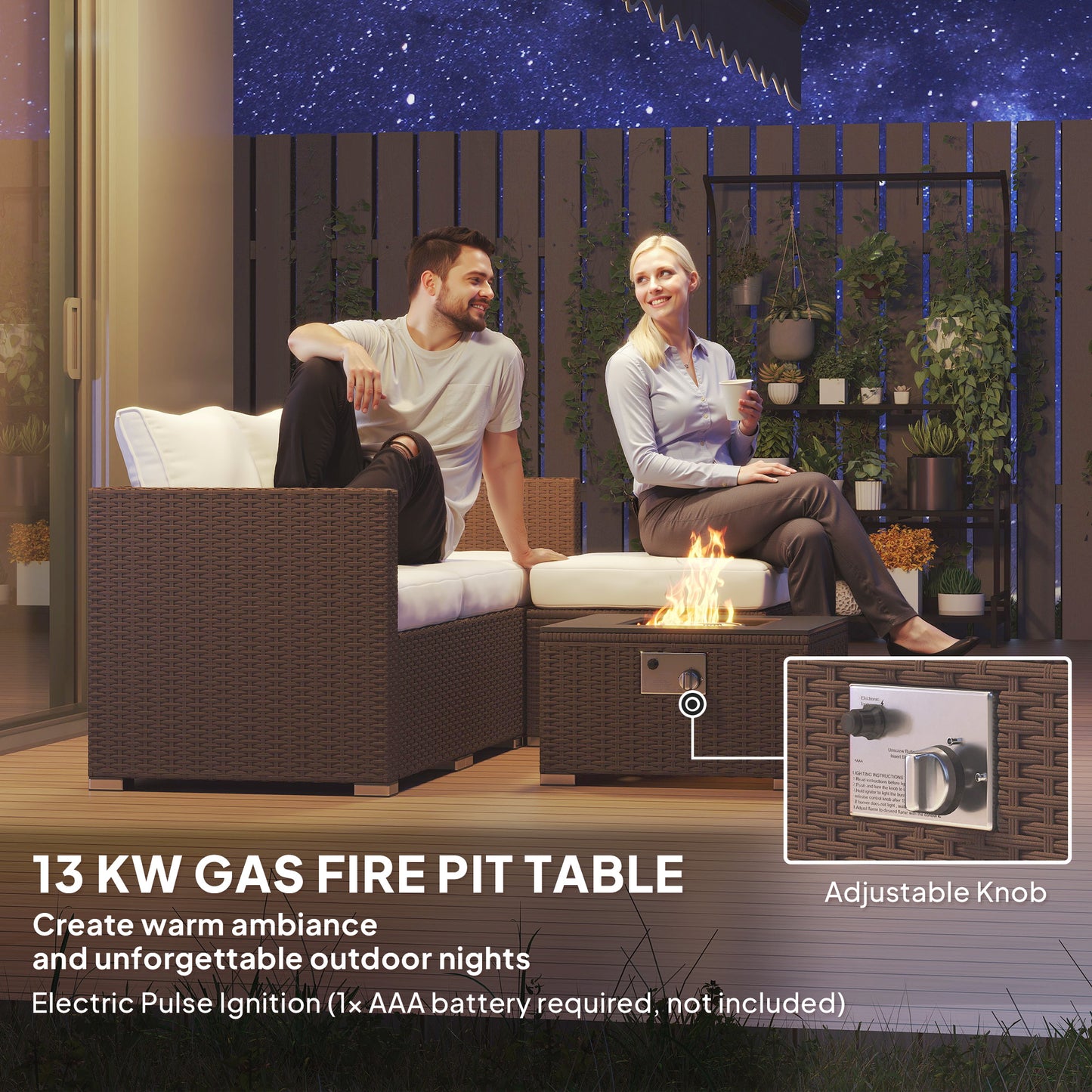 Outsunny Five Piece Rattan Garden Furniture Set with Gas Fire Pit Table and Footstool - Brown and Cream White