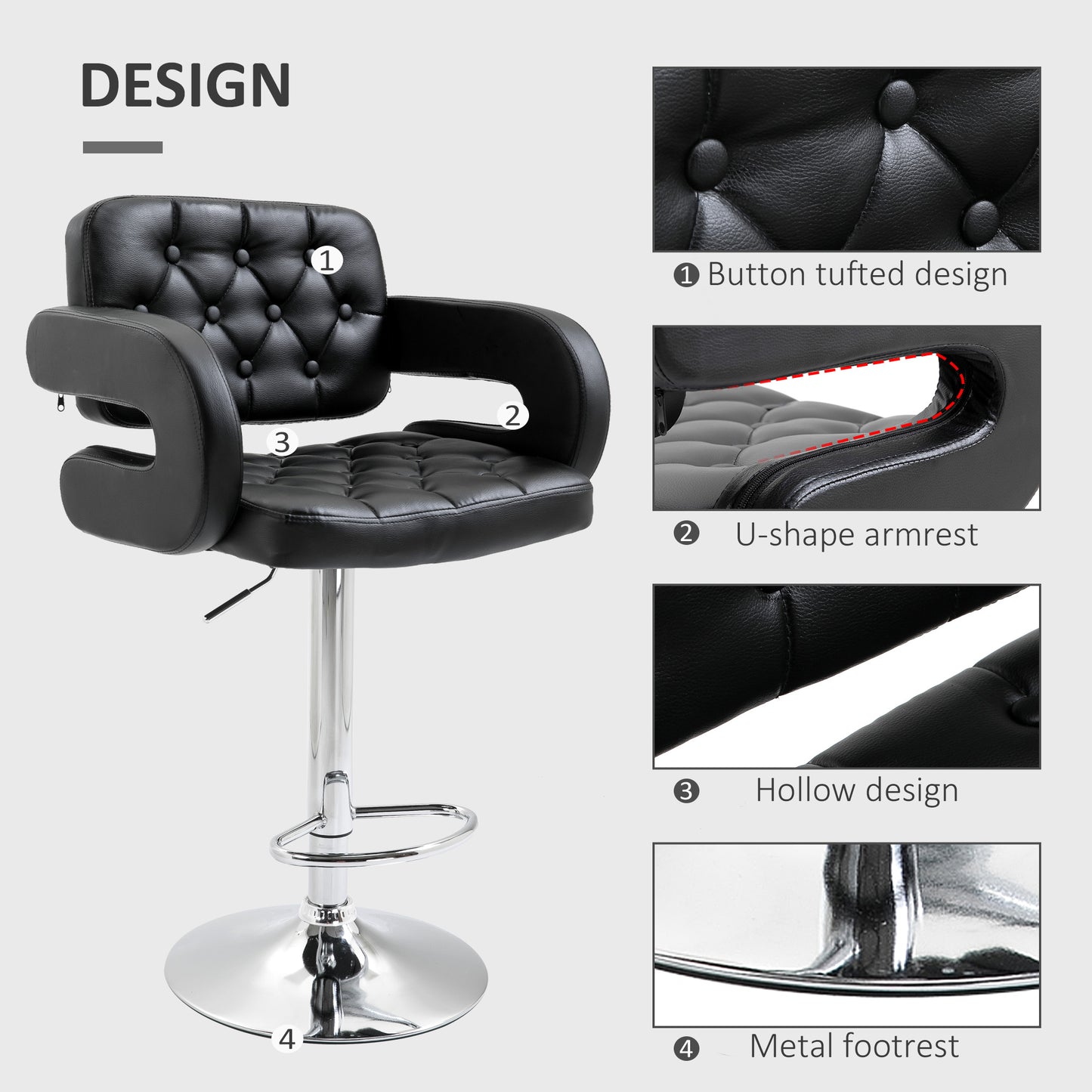 Set of 2 PU Leather Upholstered Swivel Bar Stool, Height Adjustable Barstool with Back, Armrest, Footrest for Kitchen