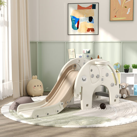 AIYAPLAY 3 in 1 Baby Toddler Slide with Basketball Hoop, Climber, Elephant-Themed, for 1-3 Years, Cream White
