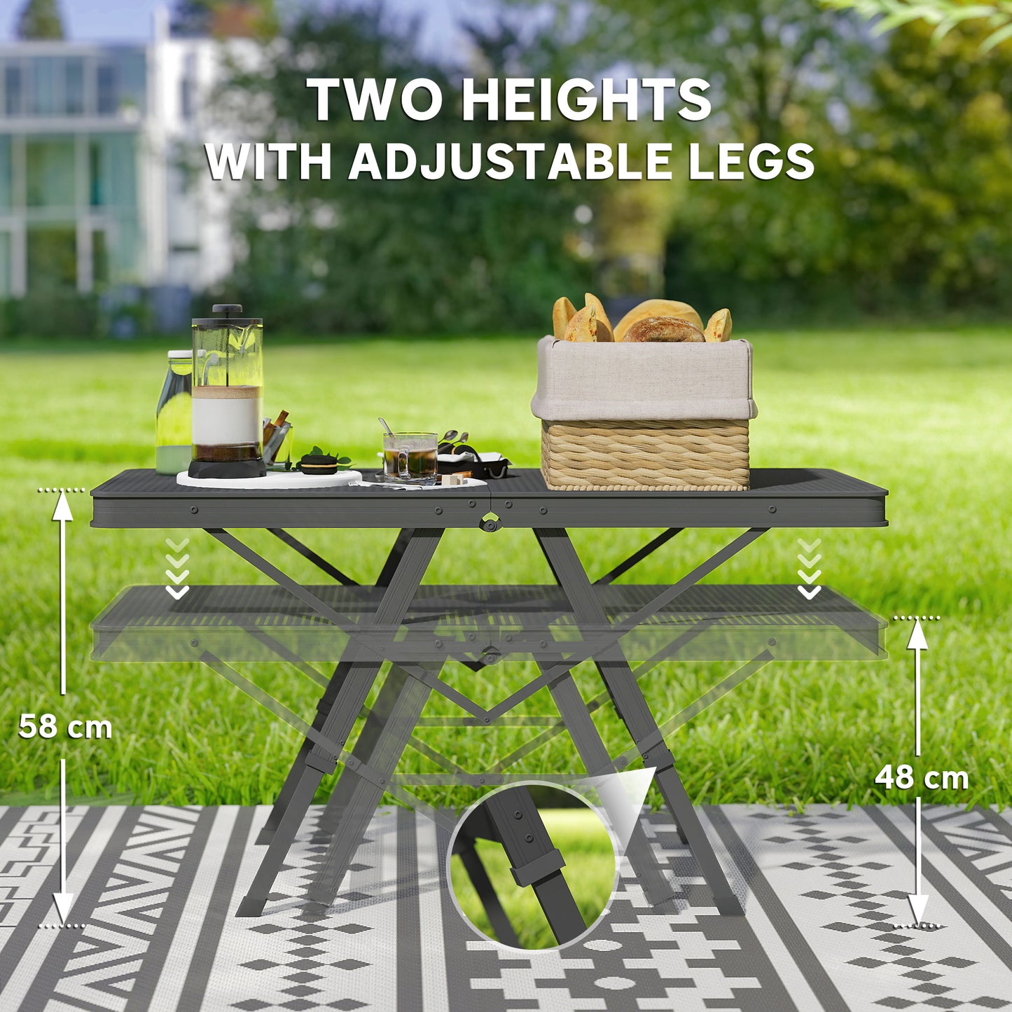 Outsunny 3 ft Folding Camping Table w/ Adjustable Heights, Portable Lightweight Outdoor Folding Picnic Table with Metal Mesh Desktop & Aluminium Legs for Picnic, Garden, Party, Black