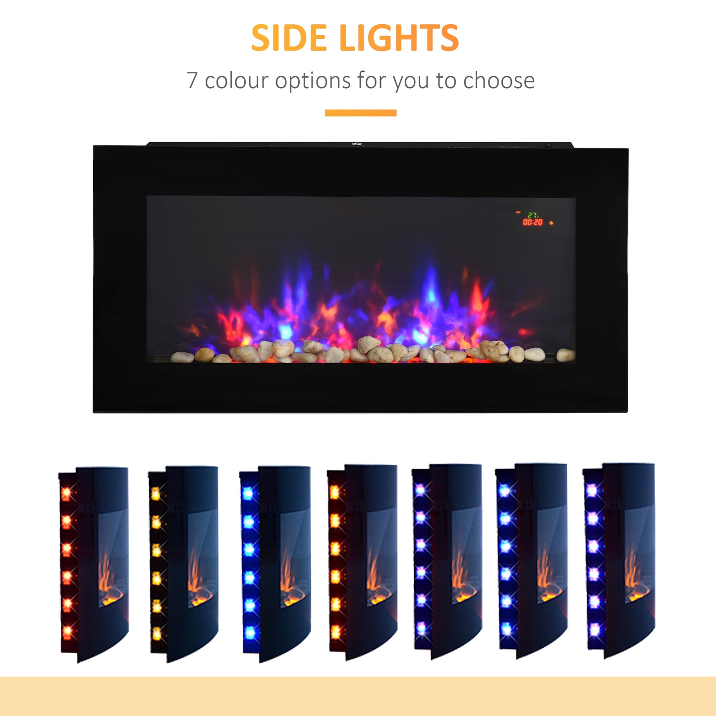HOMCOM LED Wall Mounted Fireplace Curved Glass Electric Fire Place for Living Room, 1000W/2000W, 48H x 90.8W x 11.5Dcm, Black