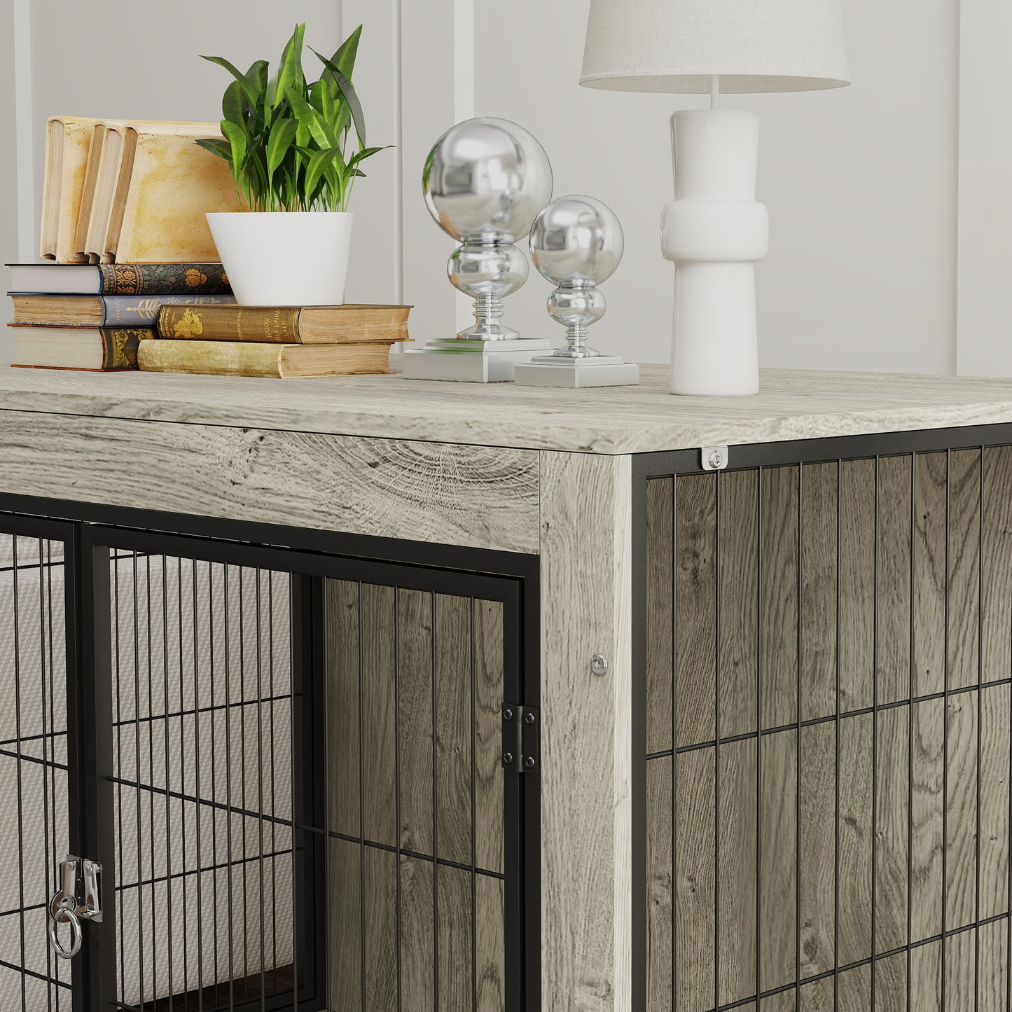 PawHut Dog Crate Furniture with Wheels, Double Doors, for Large Dogs, Grey