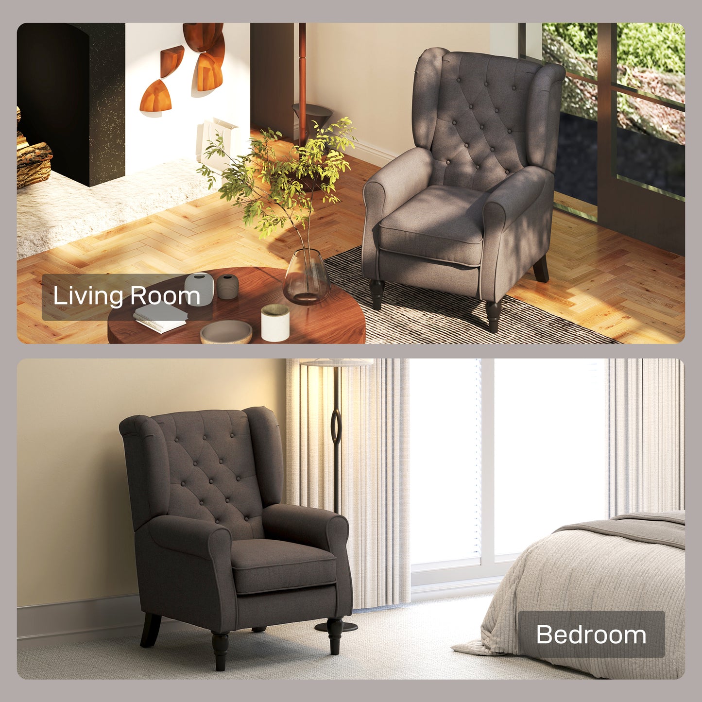 HOMCOM Wingback Accent Chair, Retro Upholstered Button Tufted Occasional Chair for Living Room and Bedroom, Brown