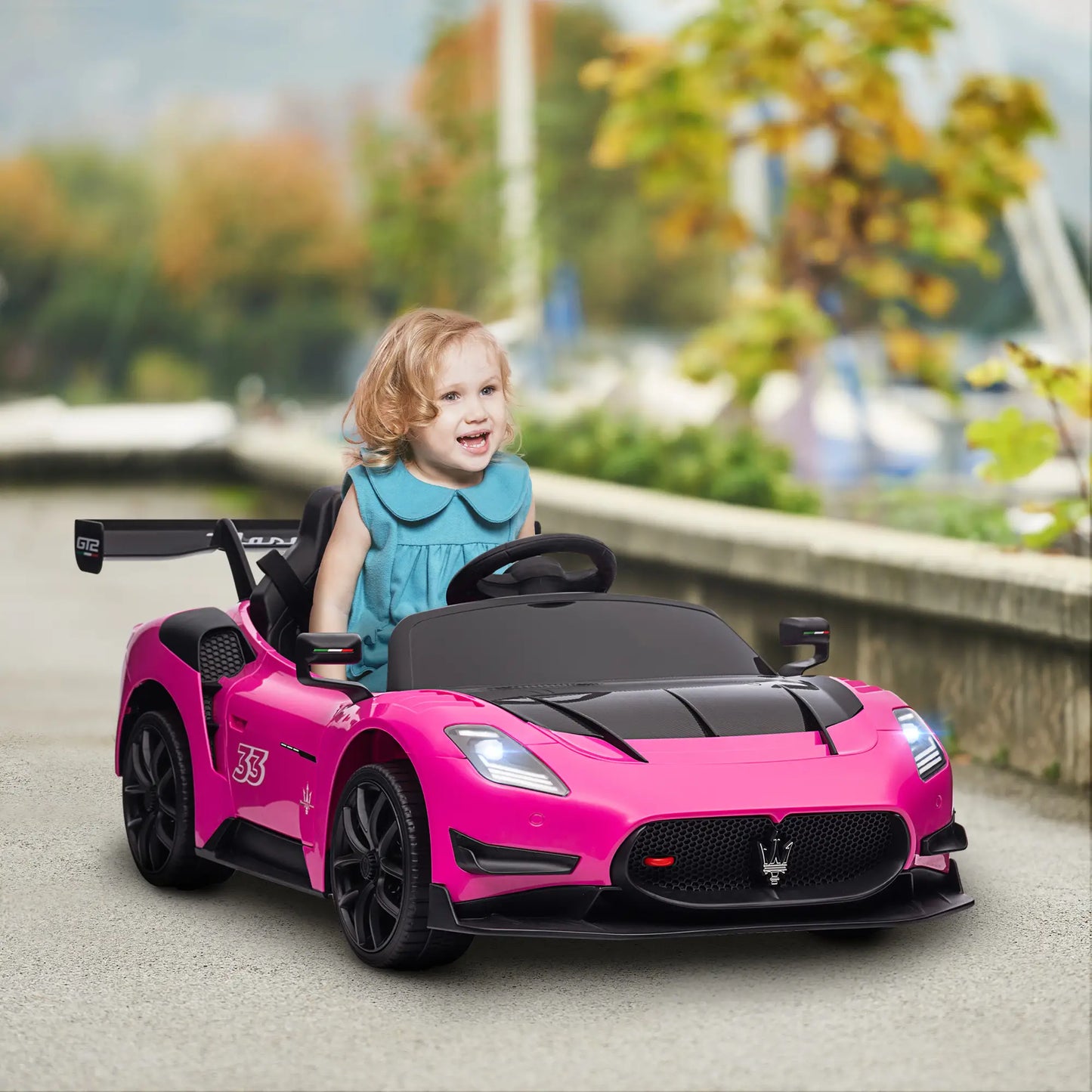Maserati GT2 Licensed 12V Kids Electric Ride on Car with 4 Suspension Wheels, Remote Control, Music, Horn, Lights, Pink