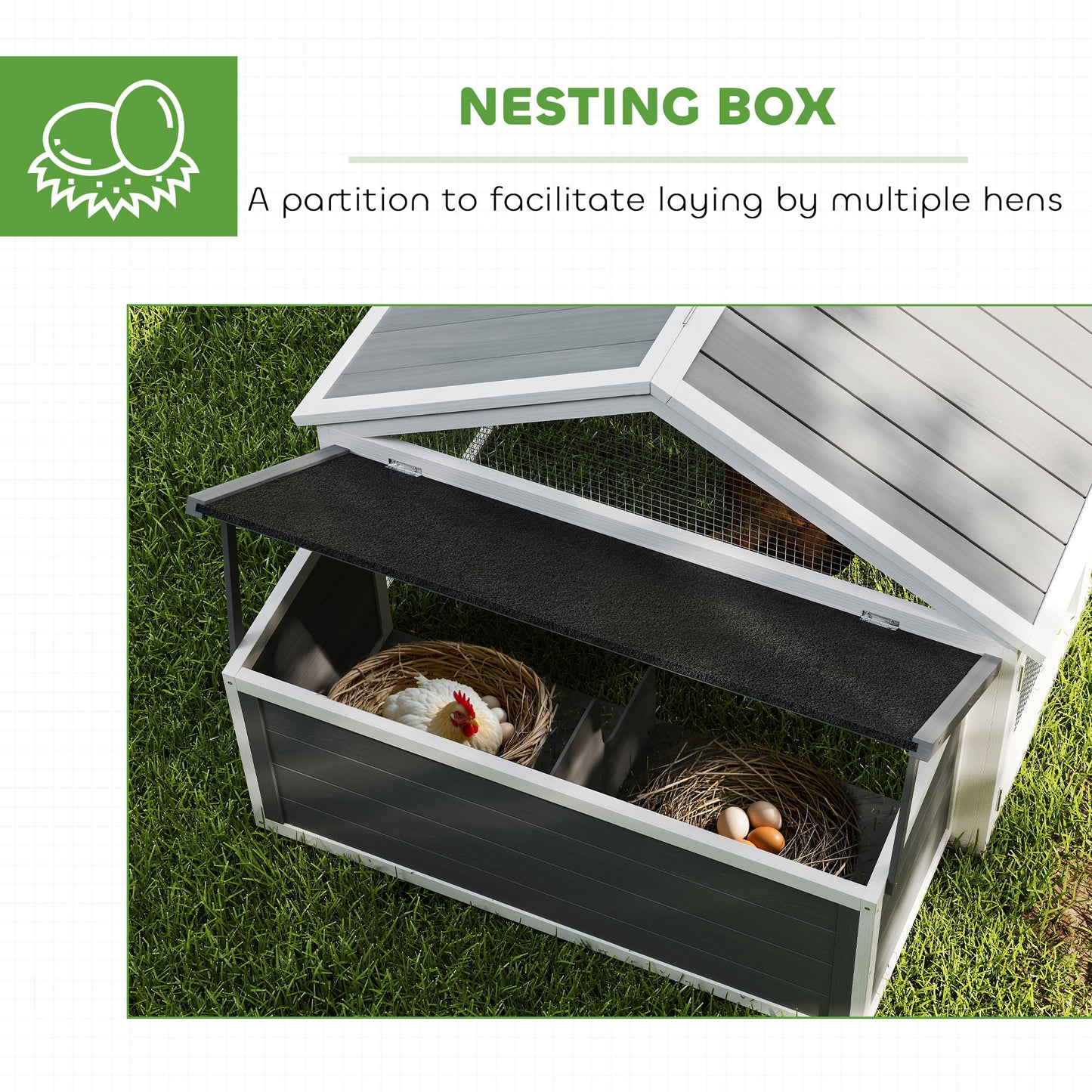 PawHut Wooden Chicken Coop with Nesting Box, Openable Roof, for 4-8 Chickens, White