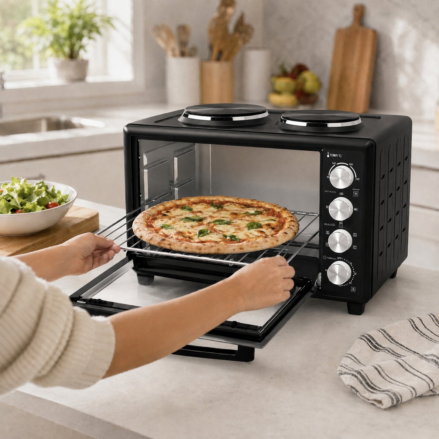 HOMCOM 36L Mini Oven with Dual Hot Plates, Electric Countertop Cooker with Convection, 90–230°C Adjustable Temperature