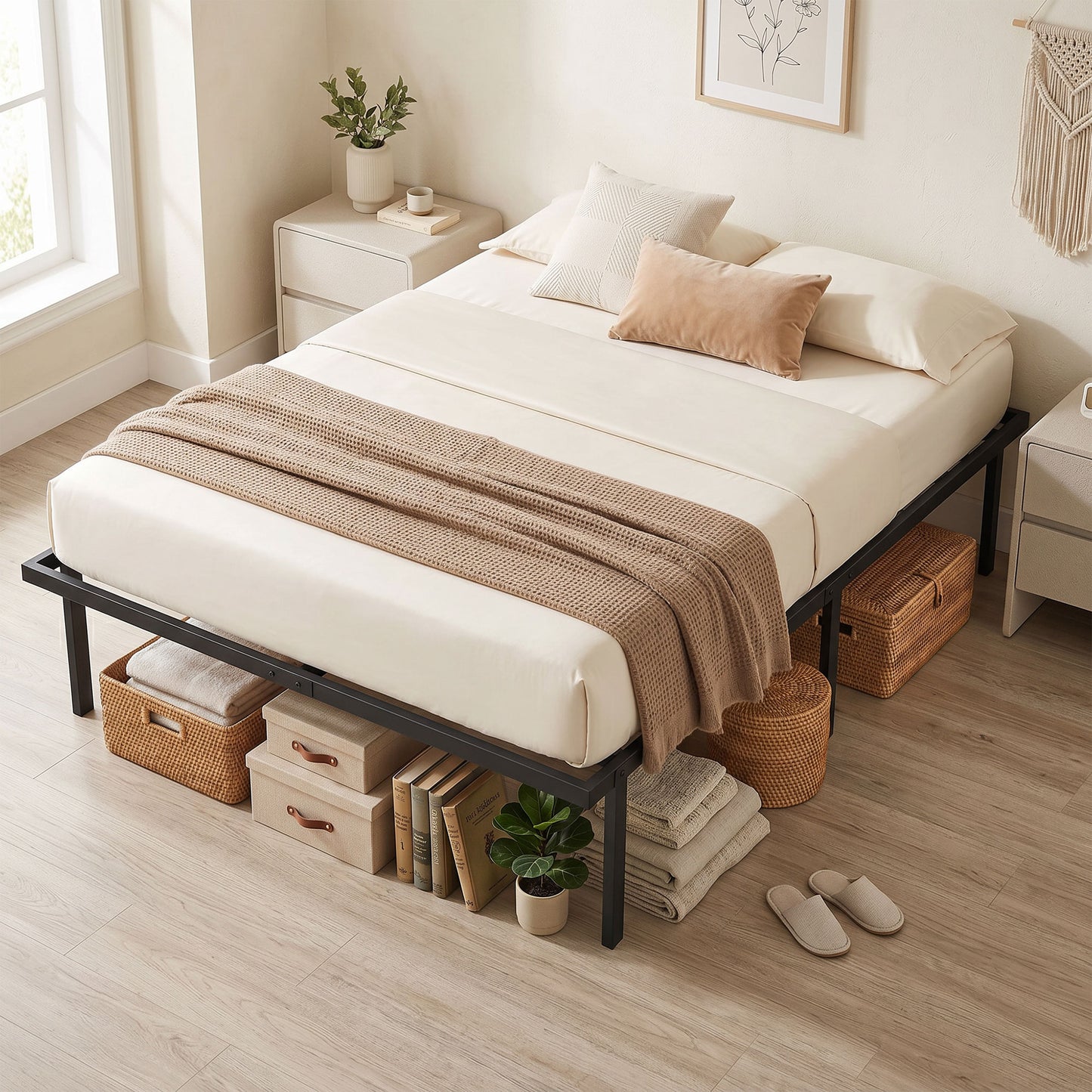 HOMCOM 4ft6 Double Bed Frame with Underbed Storage, Metal Platform Bed Frame with Steel Slat Support, No Box Spring Needed