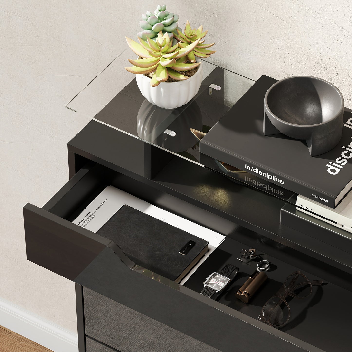 HOMCOM Shoe Storage Cabinet with Slide Out Drawer, 2 Flip Doors, Tempered Glass Top - Black