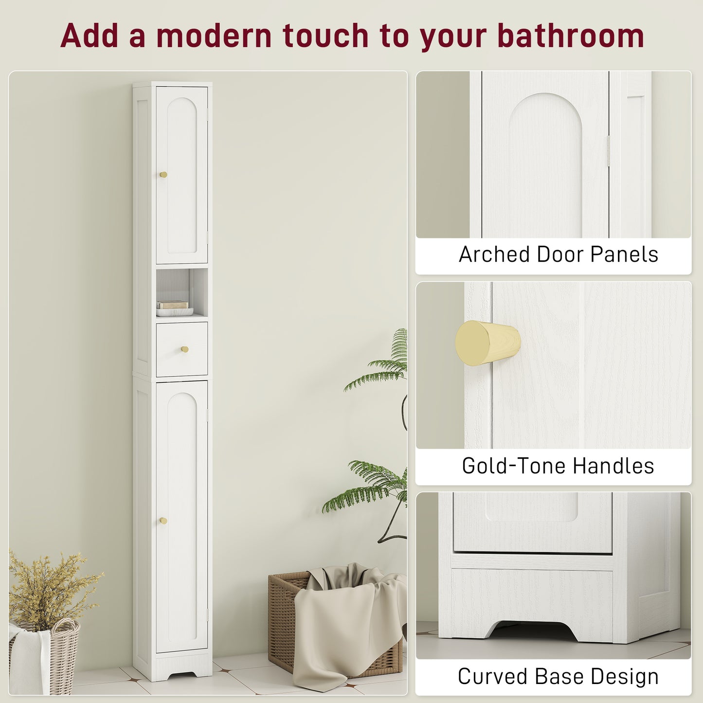 HOMCOM 185 cm Tall Bathroom Cabinet with Arched Doors - White