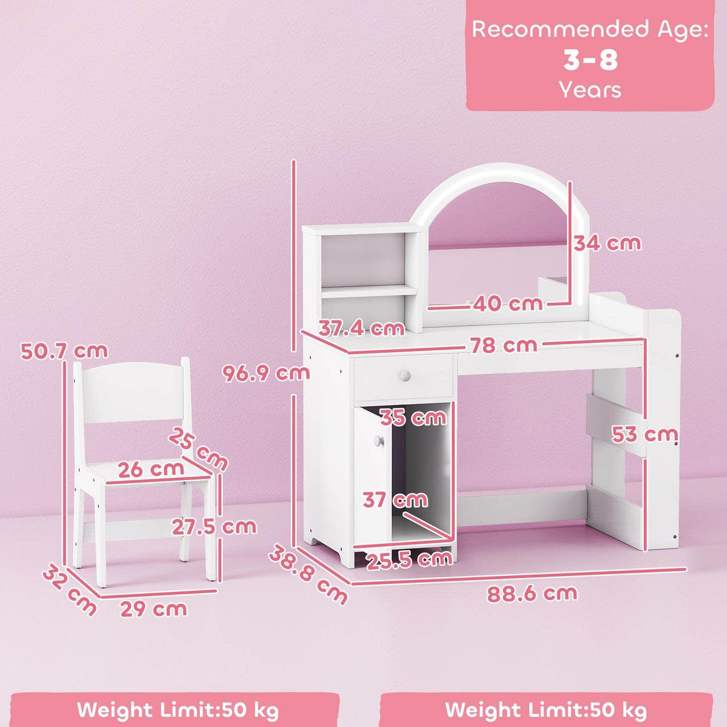 AIYAPLAY Kids Vanity Table and Chair Set, Girls Dressing Table with 2-Colour LED Mirror, Stool, Cabinet, Drawer, Shelves, White
