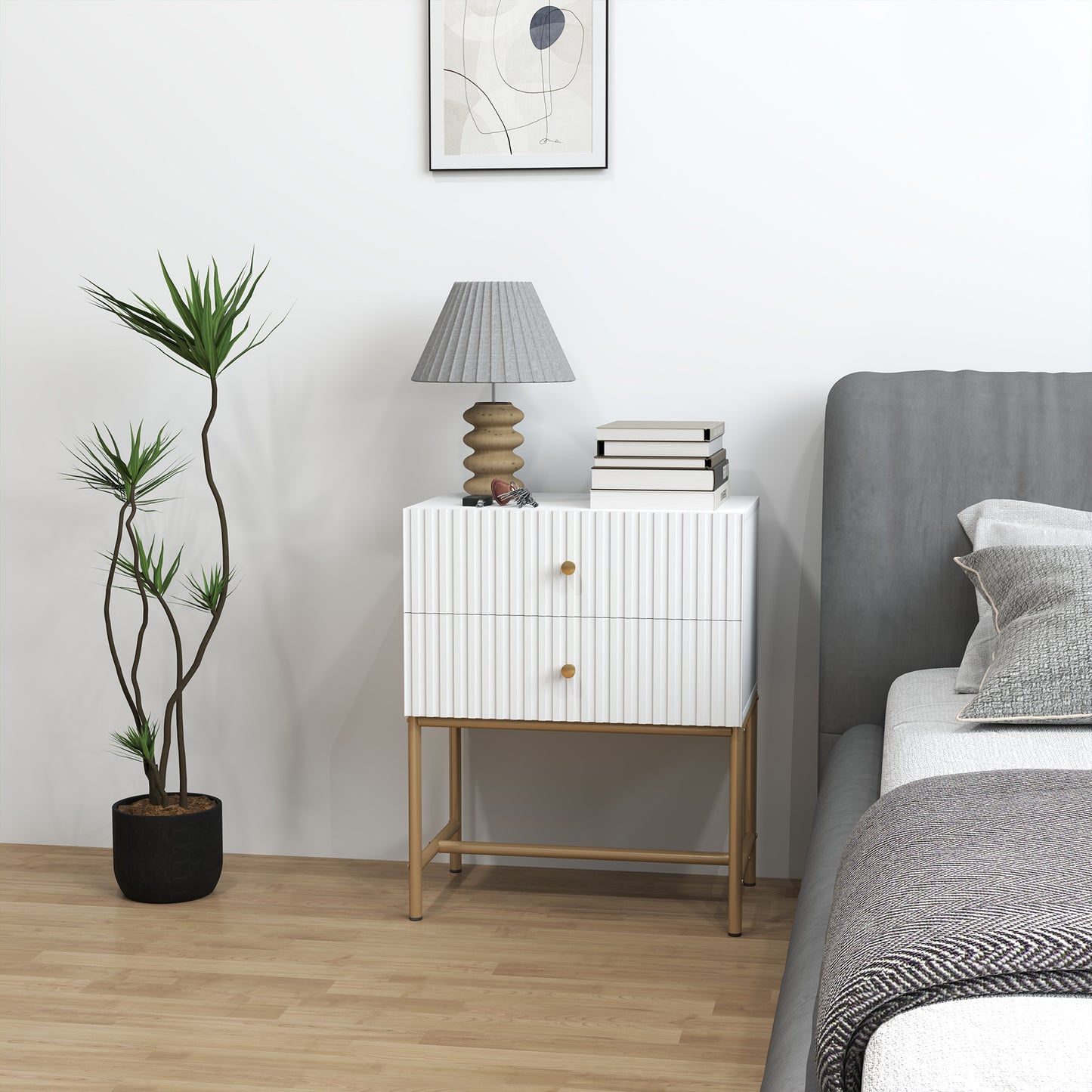 HOMCOM Elegant Two-Drawer Bedside Table - White