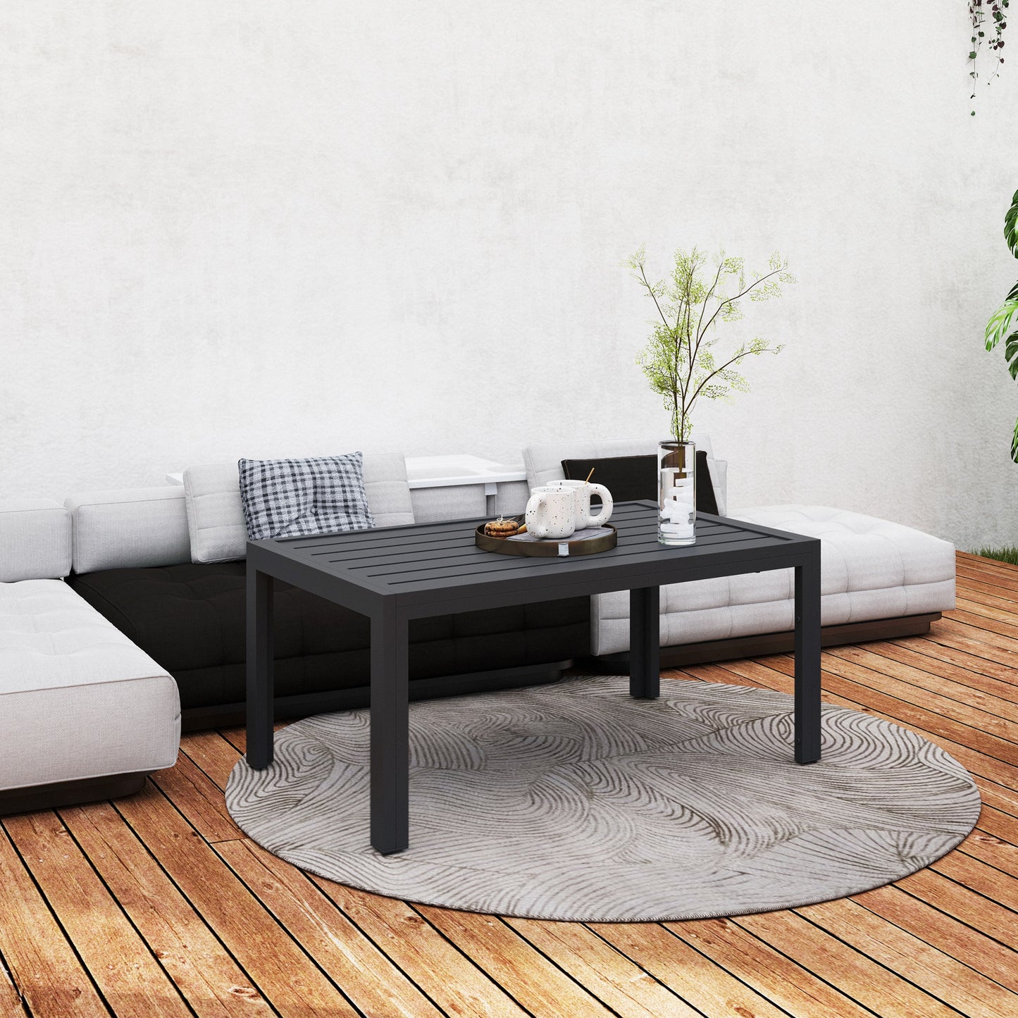 Outsunny Outdoor Side Table, Rectangular Patio Coffee Side Table with Steel Frame and Slat Tabletop for Garden, Balcony, Grey