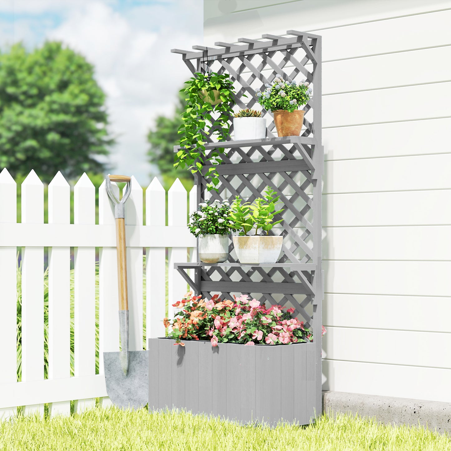 Outsunny 52L Wooden Planter with Trellis, Freestanding Raised Bed for Garden with Hanging Roof, Shelves, Drainage Holes and Bed Liner, Outdoor Planter Box for Climbing Plants Vegetables Flowers, Grey