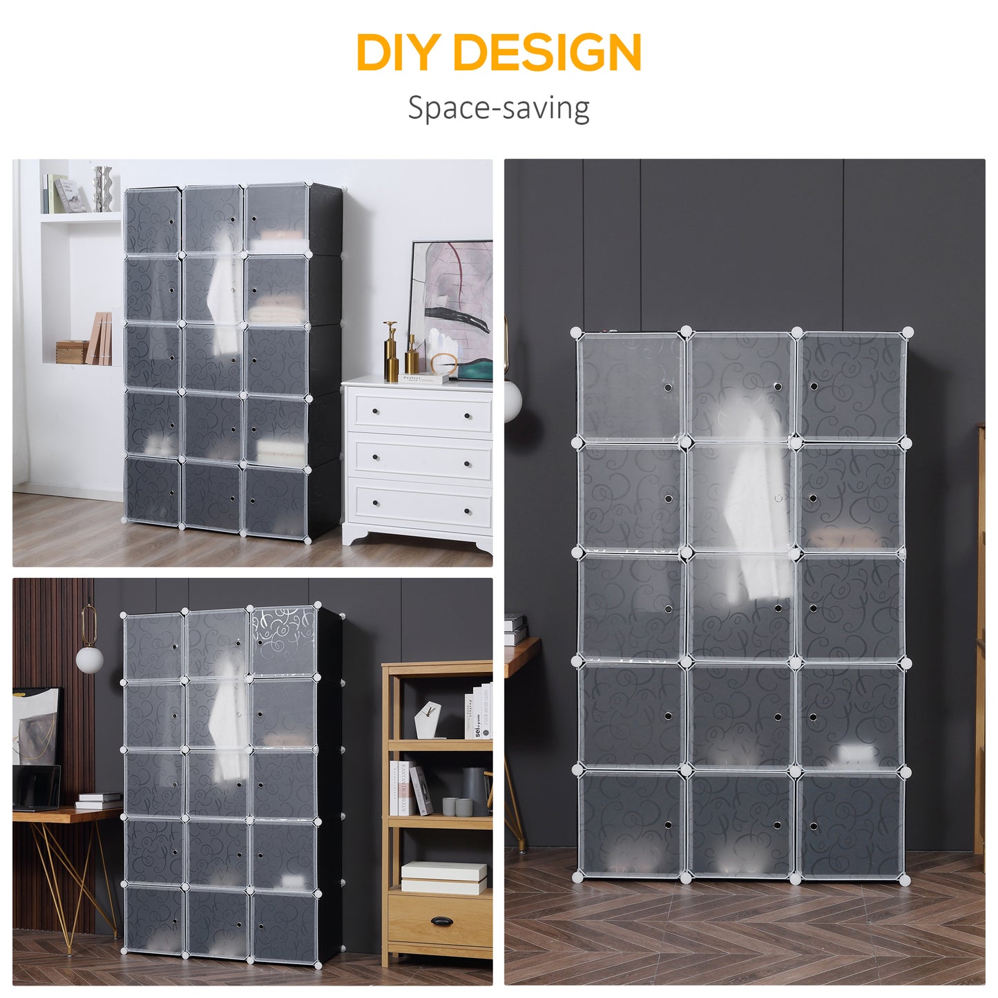 HOMCOM Portable Wardrobe for Bedroom, 15 Cube Closet with Hanging Rail, Modular Storage Cabinet, Plastic Armoire for Space Saving, White and Black