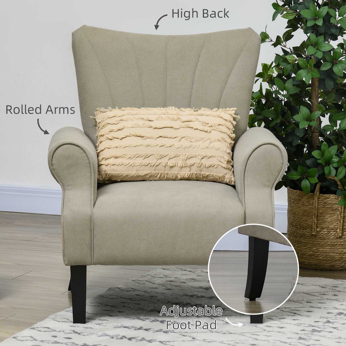 HOMCOM Upholstered Accent Chair with Rolled Arms and Wood Legs, Armchair for Living Room Bedroom, Beige